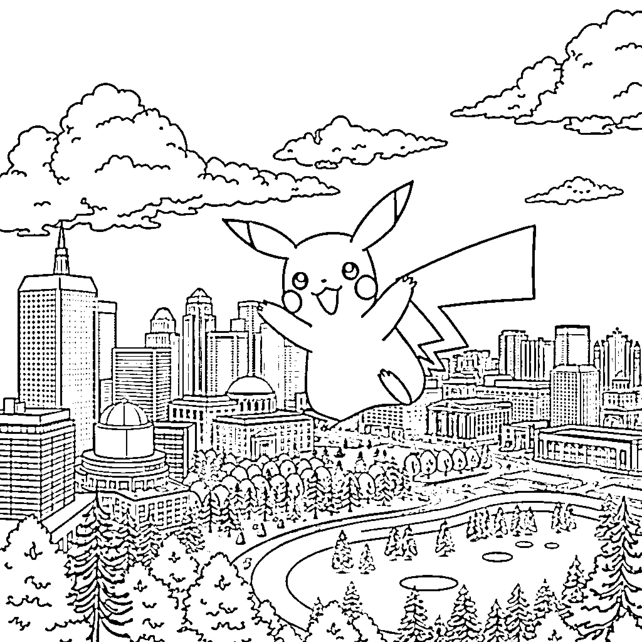 Pikachu enjoying the city skyline Coloring Page (free black-and-white line drawing printable PDF for all, from beginners to advanced learners, including children, teens, adults, and seniors)