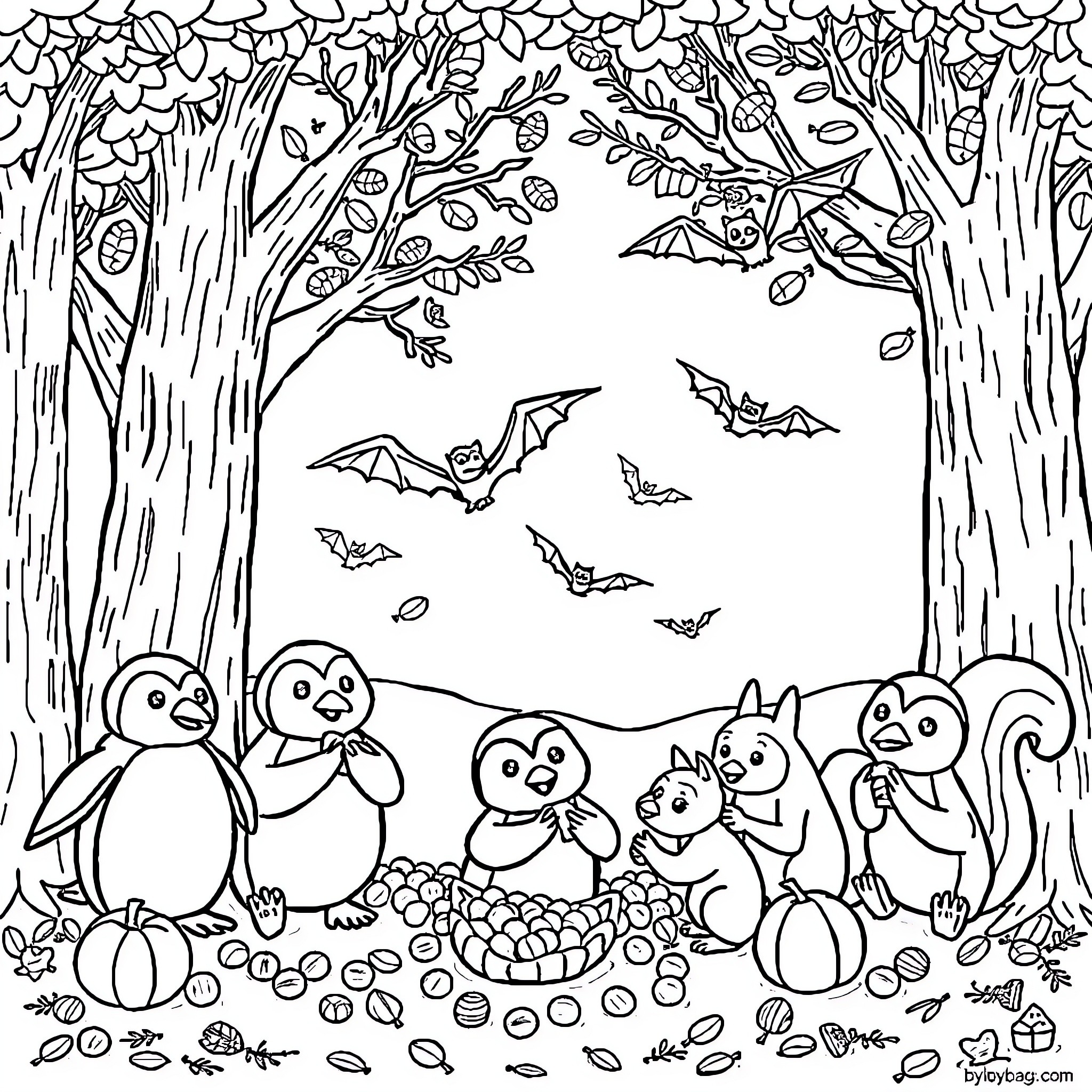Penguins and animals in autumn forest scene Coloring Page (free black-and-white line drawing printable PDF for all, from beginners to advanced learners, including children, teens, adults, and seniors)