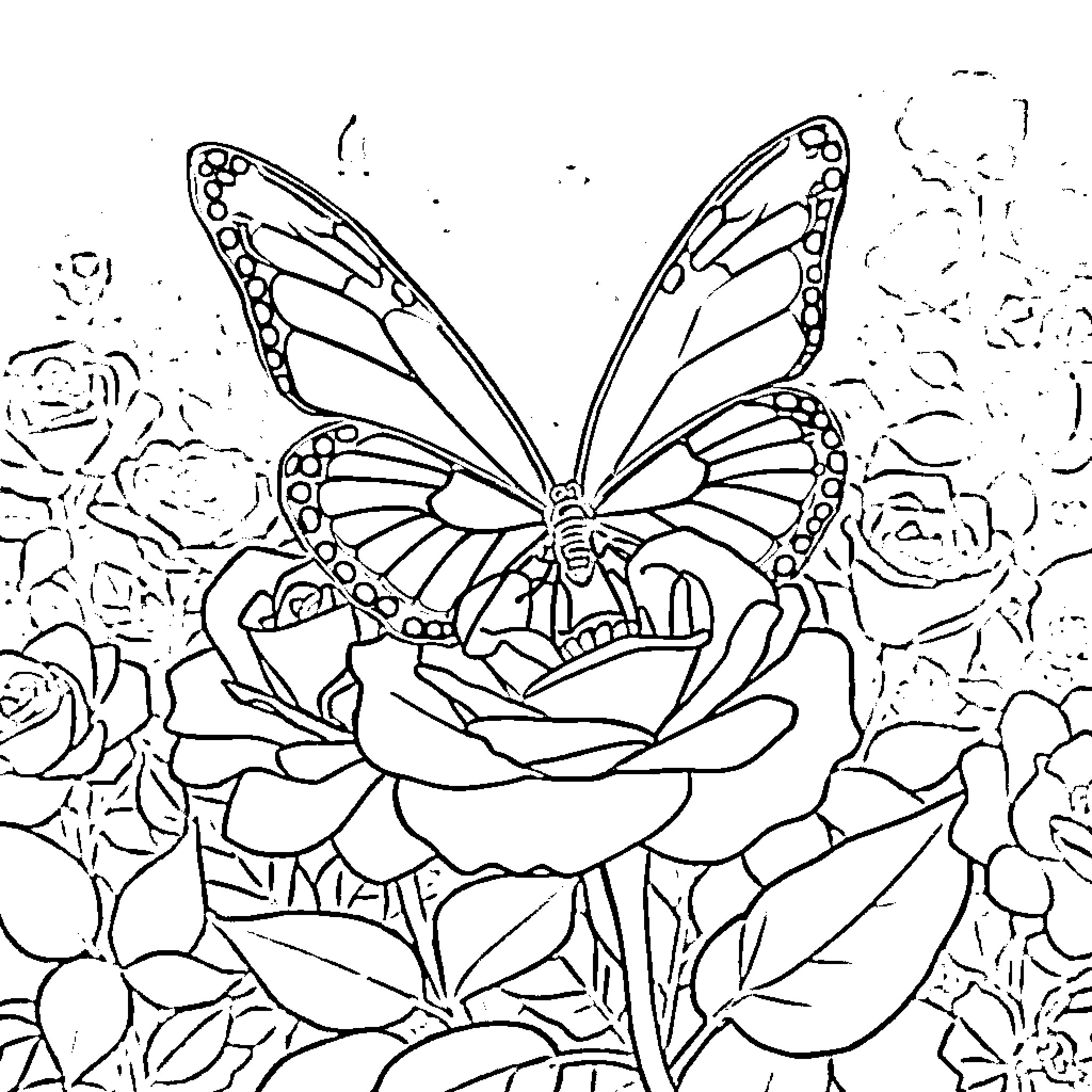 Butterfly dancing amidst floral splendor Coloring Page (free black-and-white line drawing printable PDF for all, from beginners to advanced learners, including children, teens, adults, and seniors)