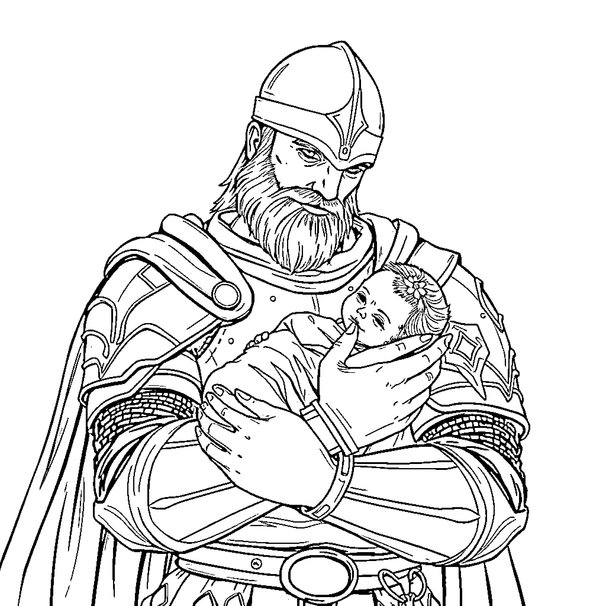 Warrior Protects Vulnerable in Armored Attire Coloring Page (free black-and-white line drawing printable PDF for all, from beginners to advanced learners, including children, teens, adults, and seniors)