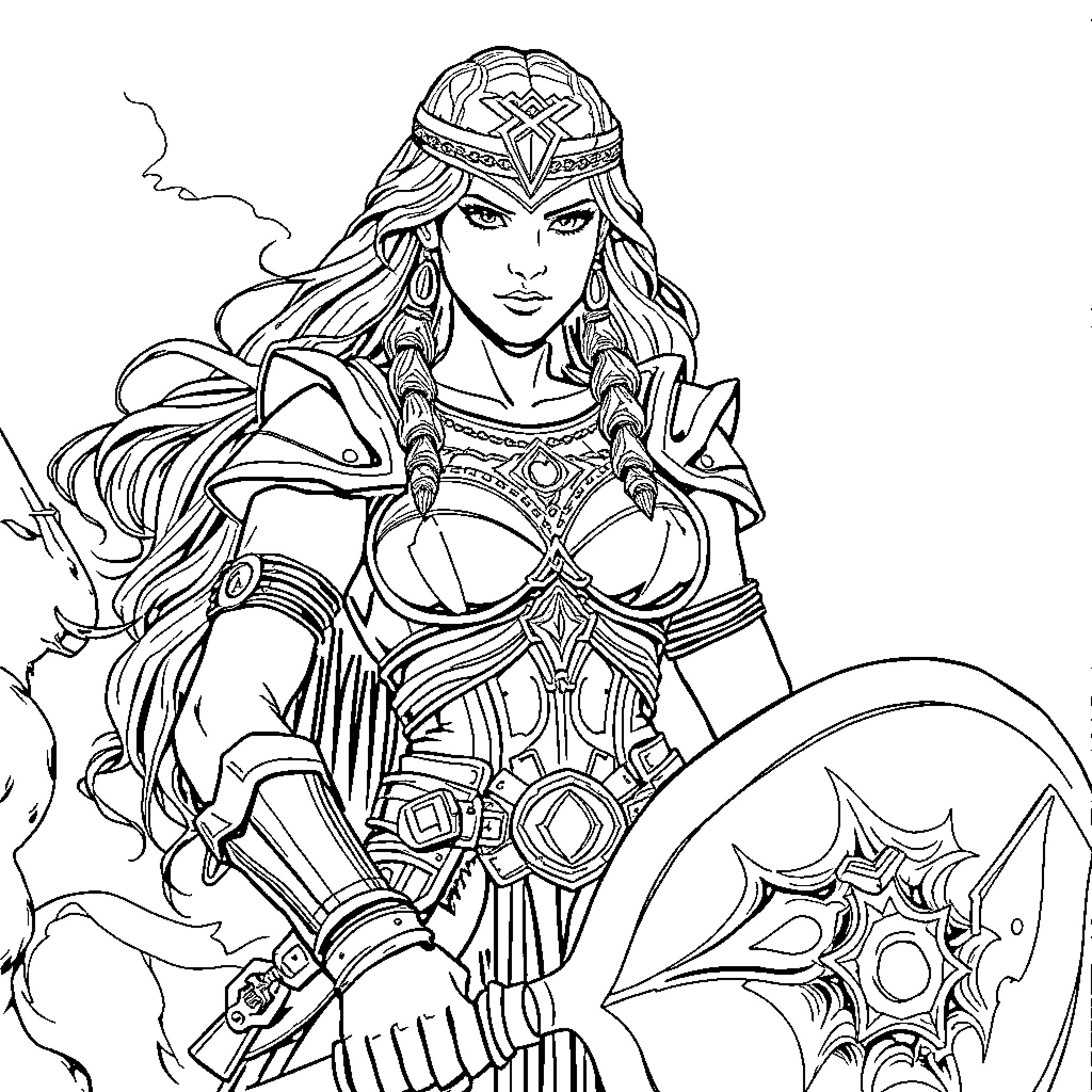 Xena the Warrior Princess in battle stance Coloring Page (free black-and-white line drawing printable PDF for all, from beginners to advanced learners, including children, teens, adults, and seniors)