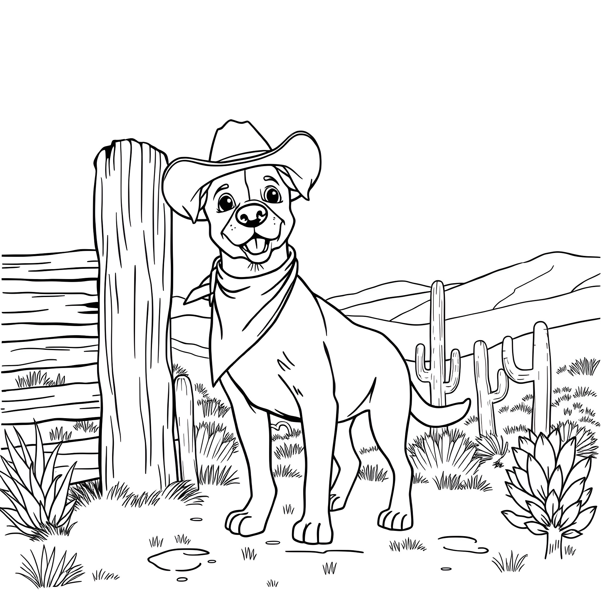 Dog wearing a cowboy hat in the desert Coloring Page (free black-and-white line drawing printable PDF for all, from beginners to advanced learners, including children, teens, adults, and seniors)