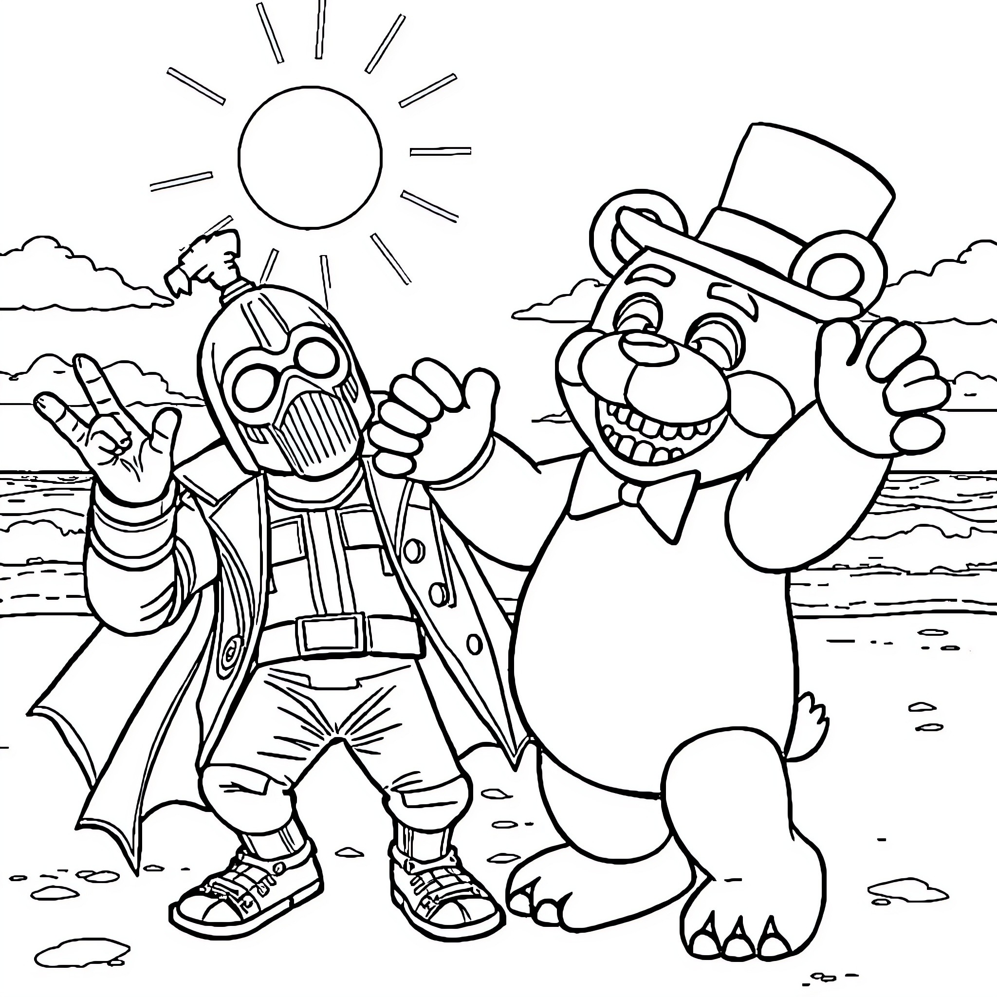 MF DOOM and Smiling Bear in Sunny Outdoor Scene Coloring Page (free black-and-white line drawing printable PDF for all, from beginners to advanced learners, including children, teens, adults, and seniors)