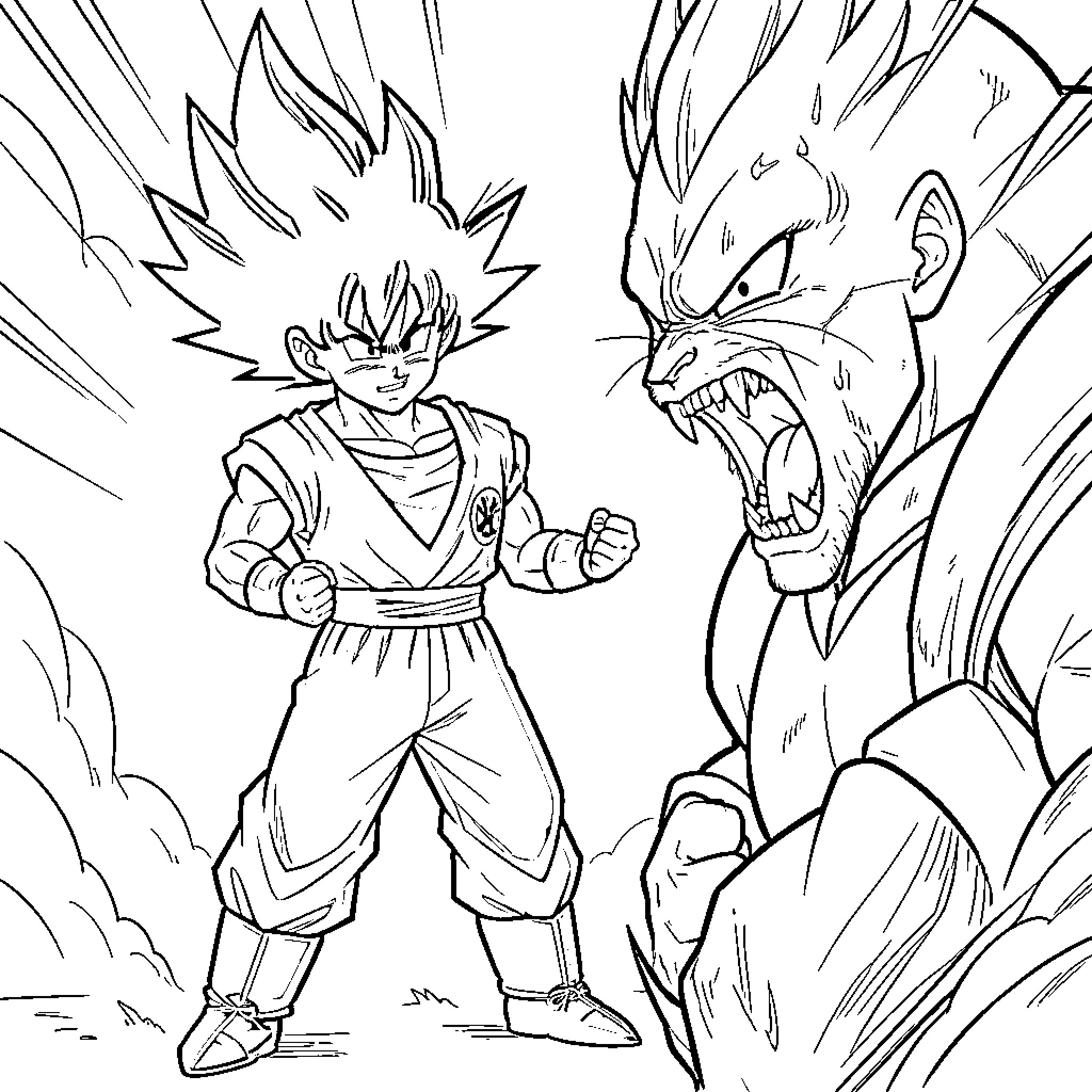 Goku's Intense Battle against a Fierce Opponent Coloring Page (free black-and-white line drawing printable PDF for all, from beginners to advanced learners, including children, teens, adults, and seniors)