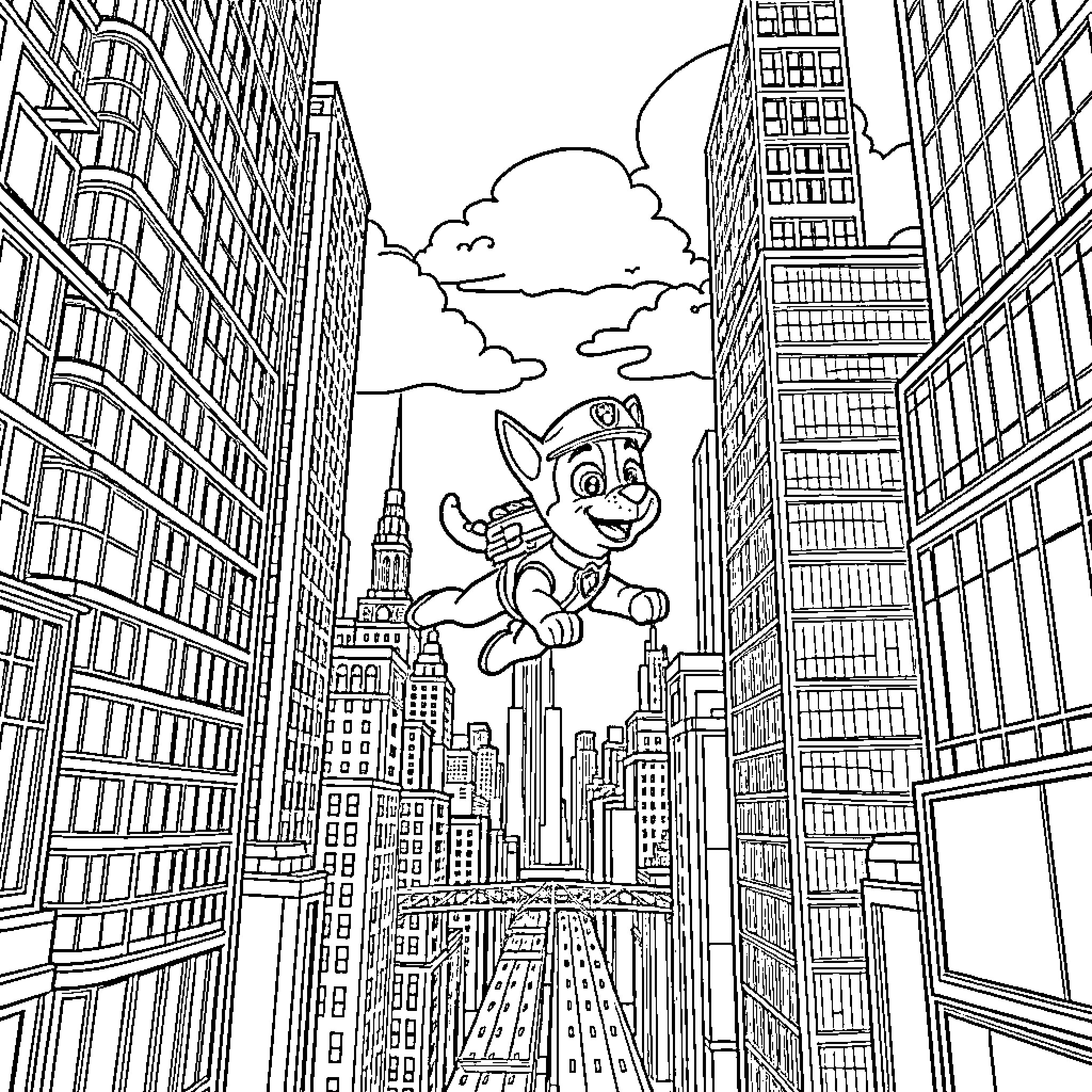 Chase leaping through the air in a city Coloring Page (free black-and-white line drawing printable PDF for all, from beginners to advanced learners, including children, teens, adults, and seniors)