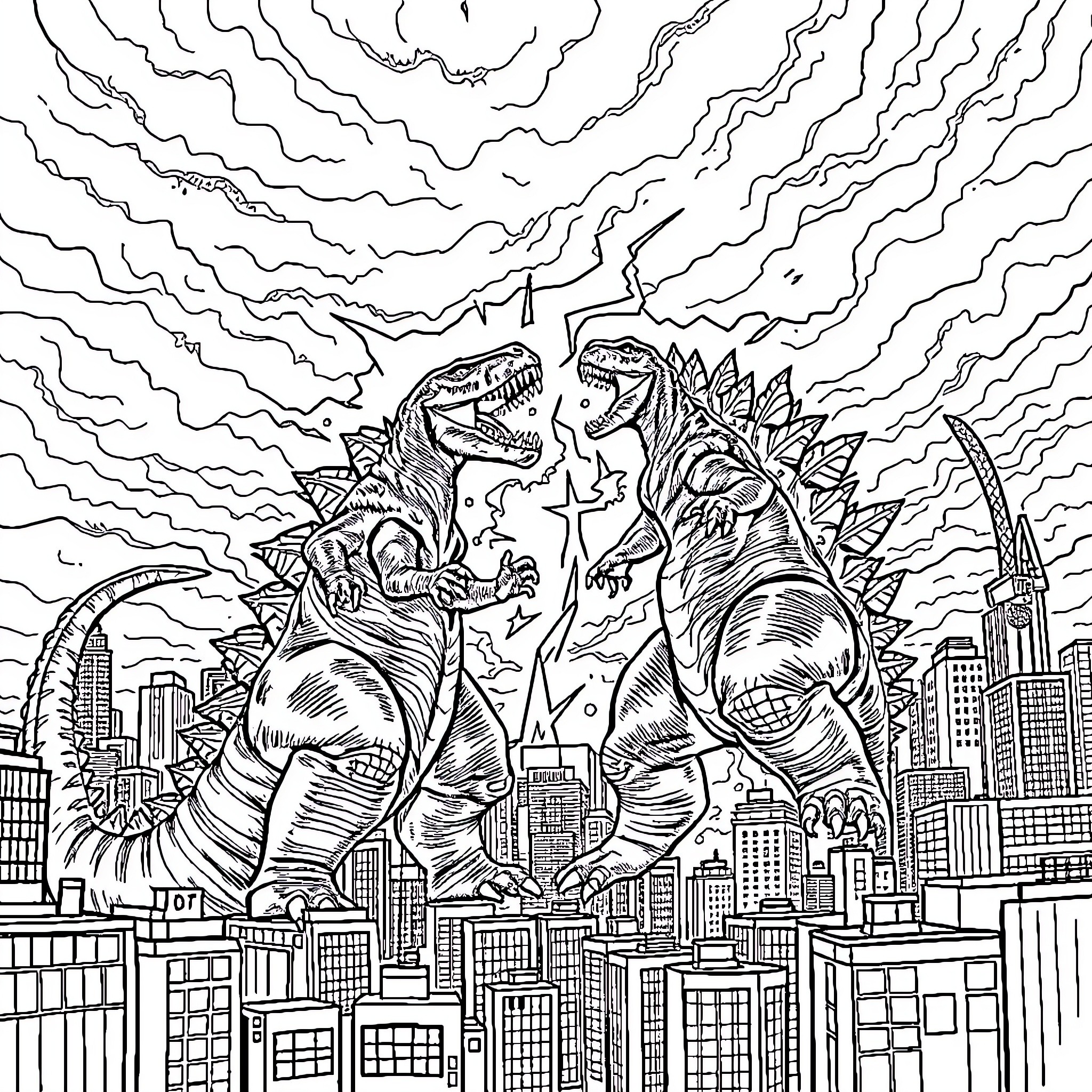 T-Rex Titans Battling Above the City Coloring Page (free black-and-white line drawing printable PDF for all, from beginners to advanced learners, including children, teens, adults, and seniors)