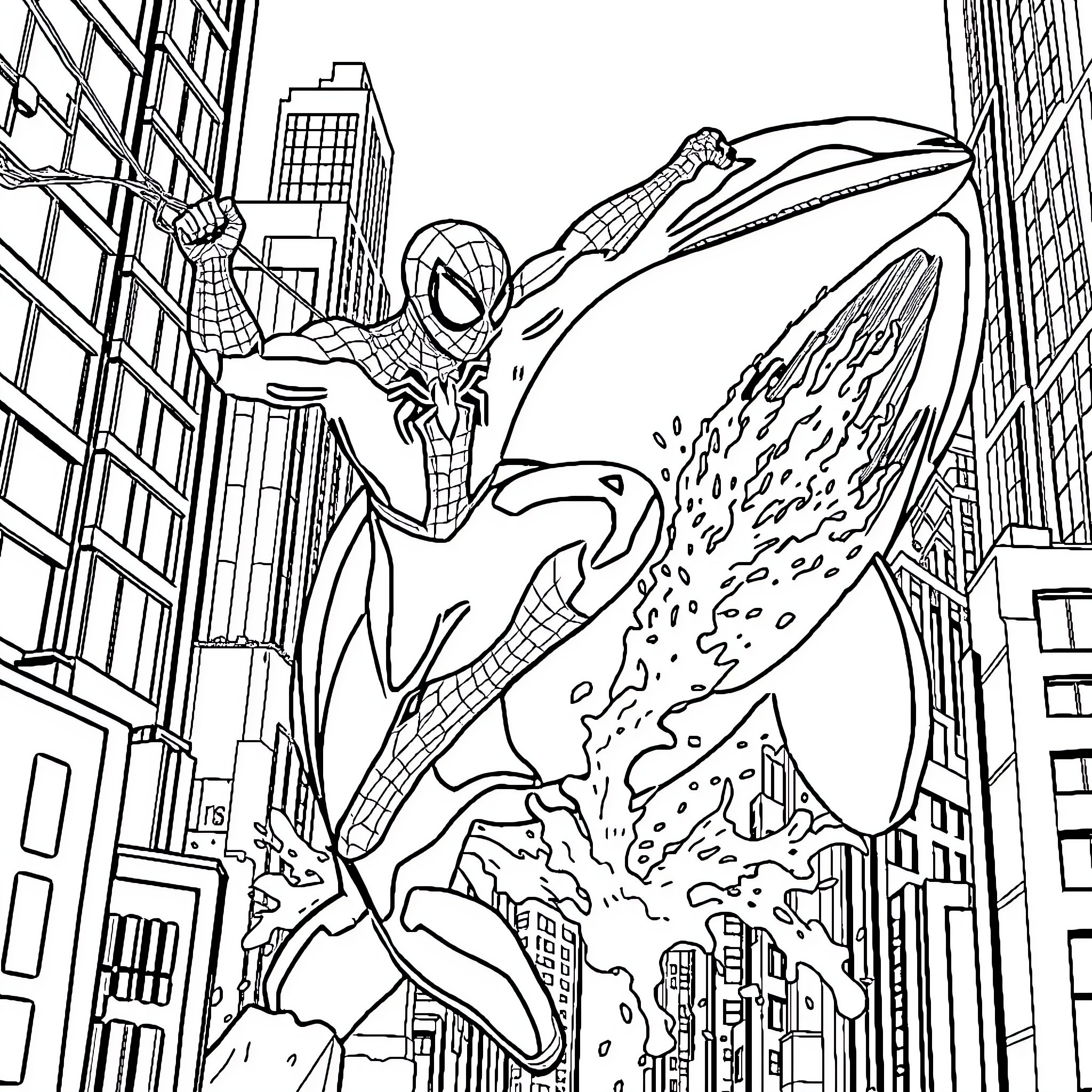 Spiderman swinging through the city with web blasts Coloring Page (free black-and-white line drawing printable PDF for all, from beginners to advanced learners, including children, teens, adults, and seniors)