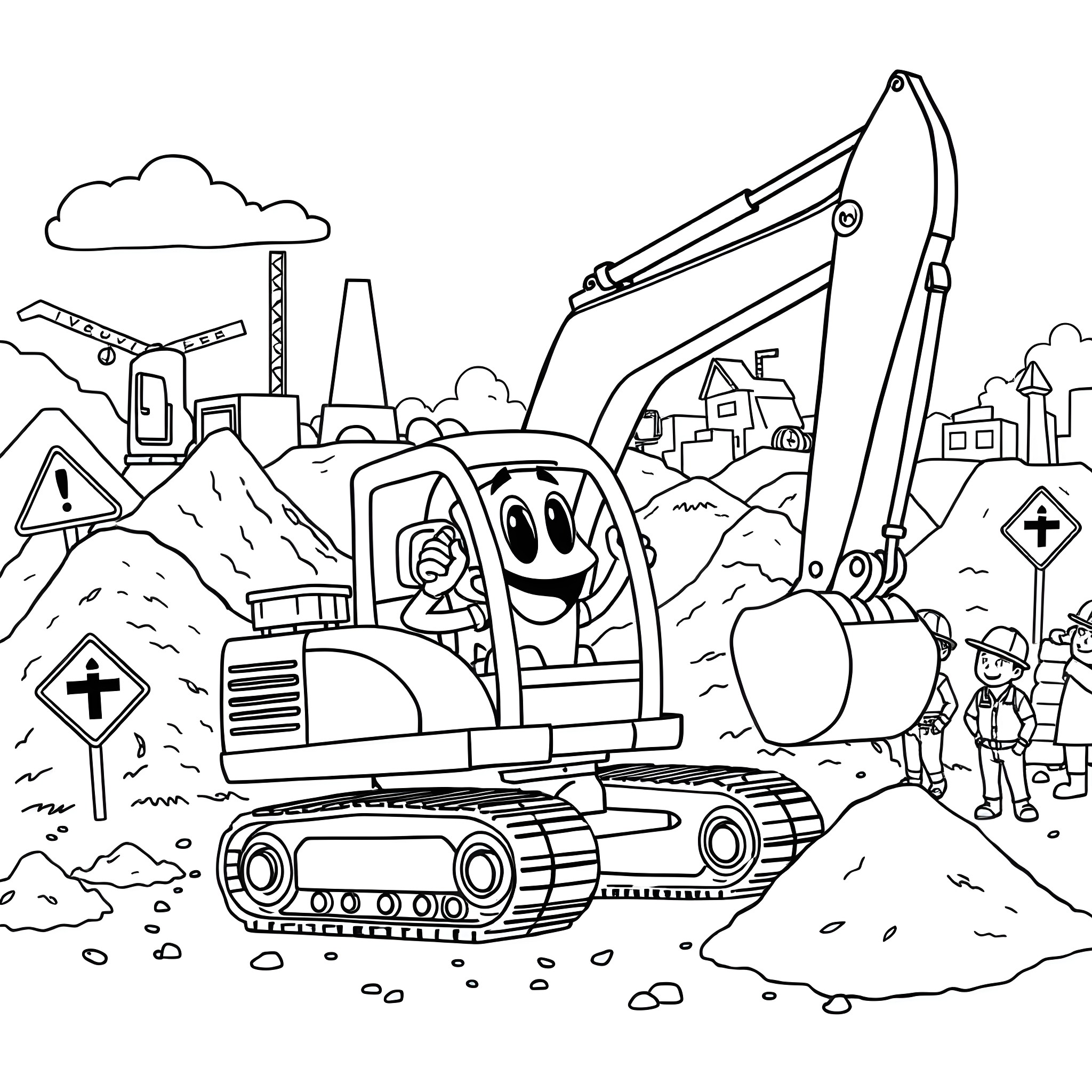 Excavator operating at a construction site Coloring Page (free black-and-white line drawing printable PDF for all, from beginners to advanced learners, including children, teens, adults, and seniors)