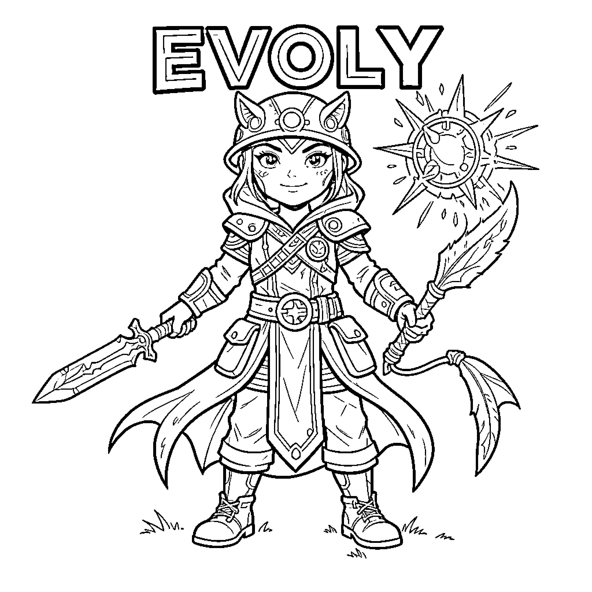 Evoly warrior character wielding swords and standing confidently Coloring Page (free black-and-white line drawing printable PDF for all, from beginners to advanced learners, including children, teens, adults, and seniors)