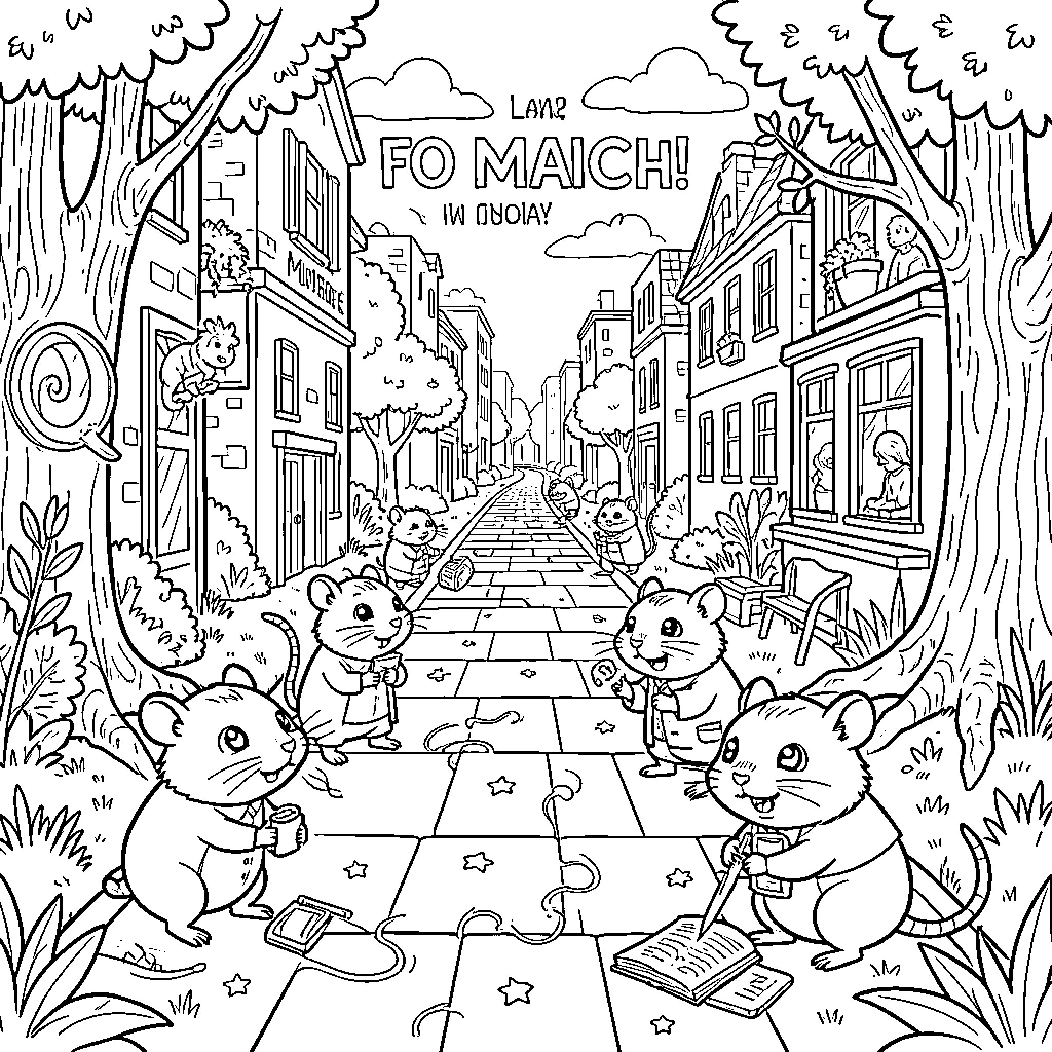 Hamsters enjoying a stroll along a city street Coloring Page (free black-and-white line drawing printable PDF for all, from beginners to advanced learners, including children, teens, adults, and seniors)