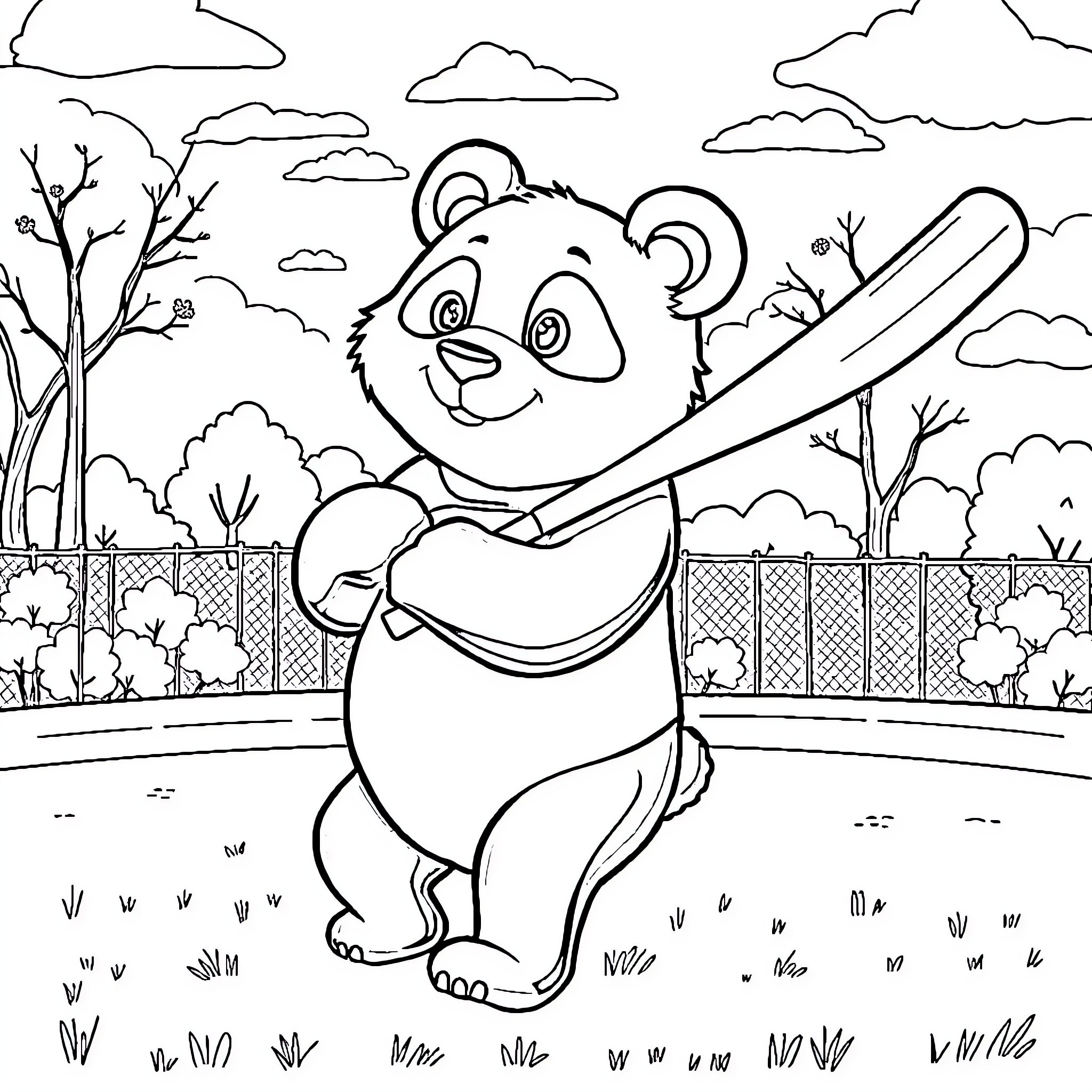 Panda Playing Joyfully in Scenic Outdoors Coloring Page (free black-and-white line drawing printable PDF for all, from beginners to advanced learners, including children, teens, adults, and seniors)