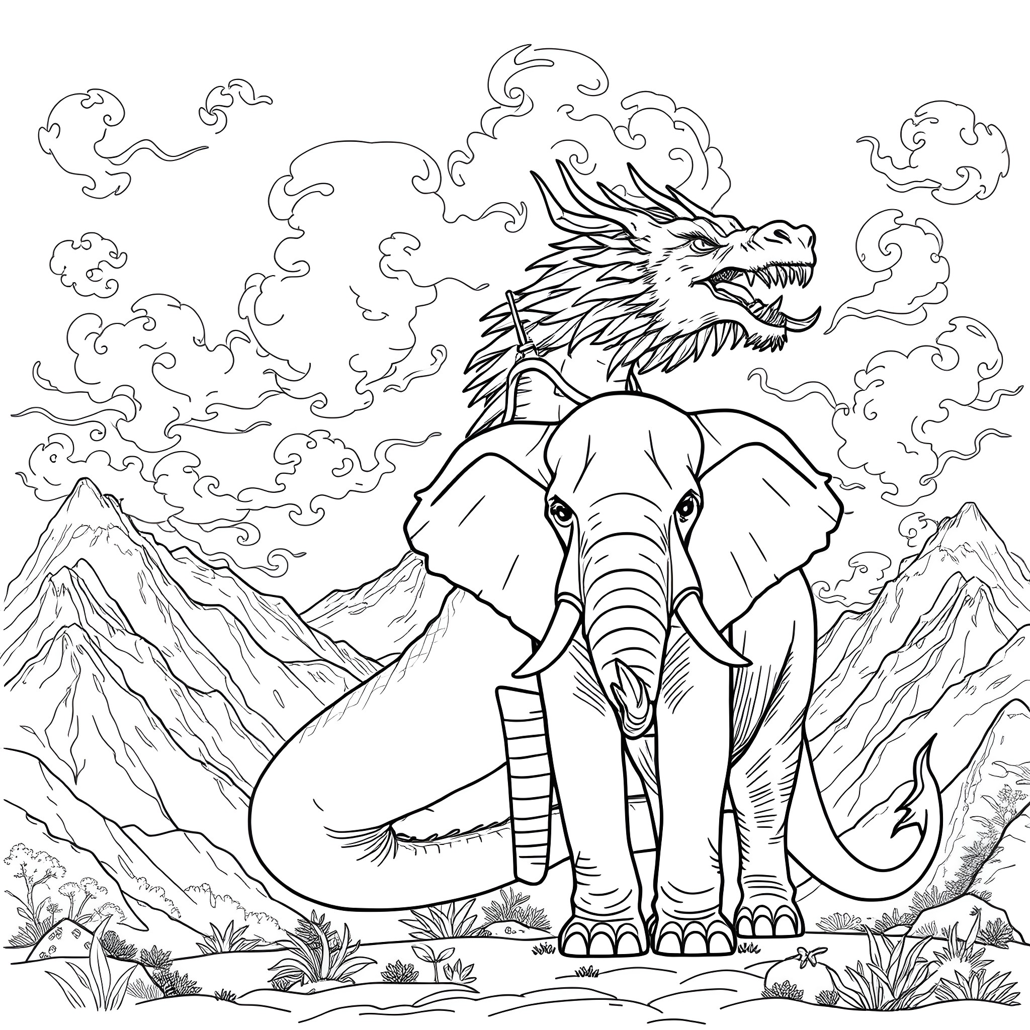 Elephant Battling Mythical Dragon in Mountainous Landscape Coloring Page (free black-and-white line drawing printable PDF for all, from beginners to advanced learners, including children, teens, adults, and seniors)