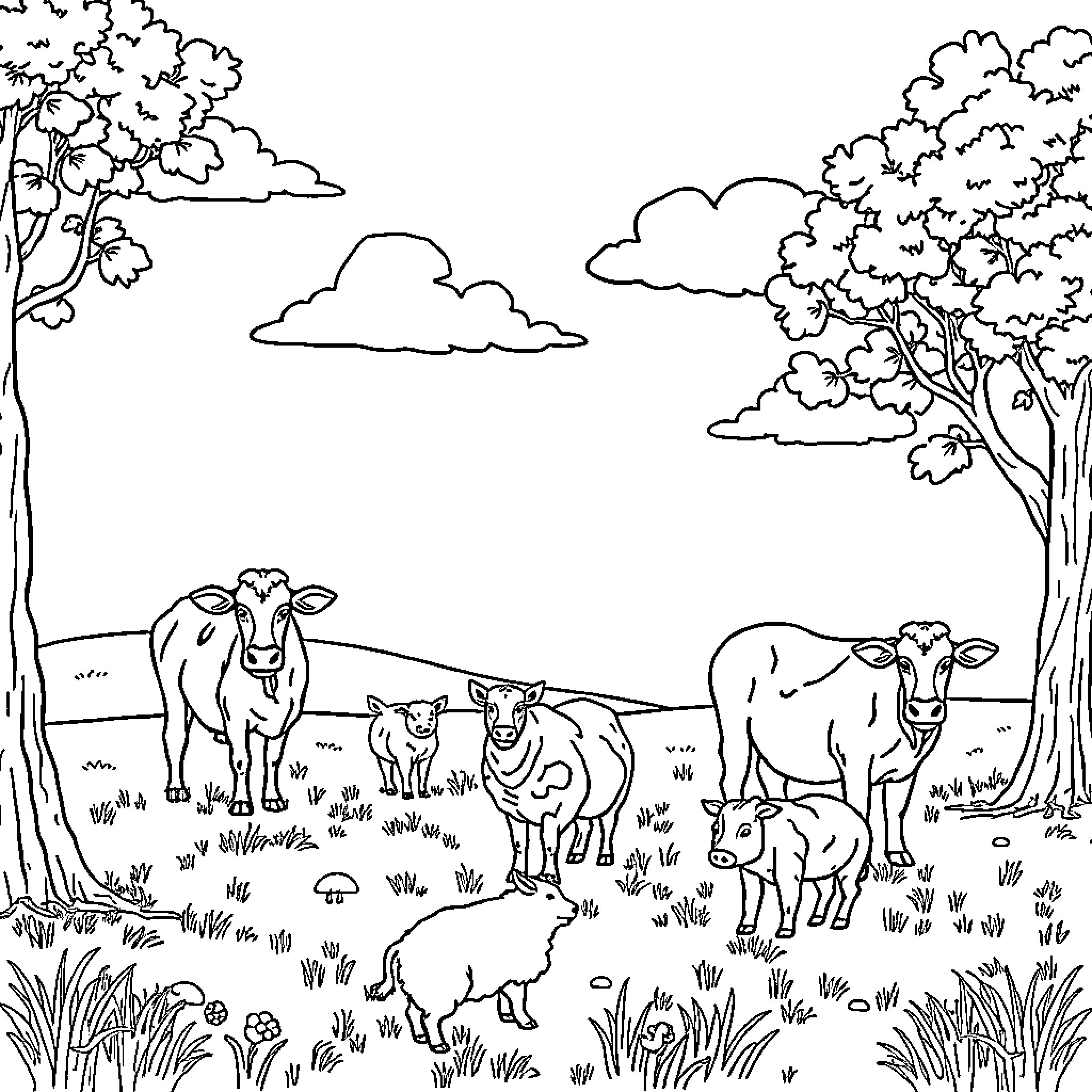 Farm Animal Grazing Peacefully in Lush Landscape Coloring Page (free black-and-white line drawing printable PDF for all, from beginners to advanced learners, including children, teens, adults, and seniors)
