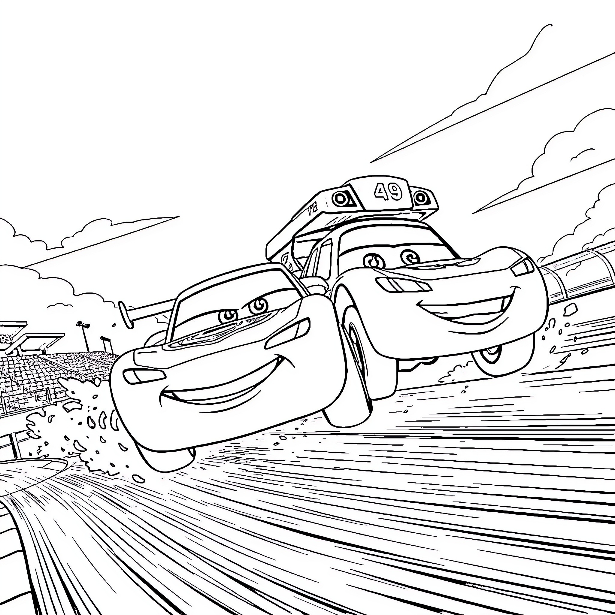 Lightning McQueen and friends in high-speed adventure Coloring Page (free black-and-white line drawing printable PDF for all, from beginners to advanced learners, including children, teens, adults, and seniors)