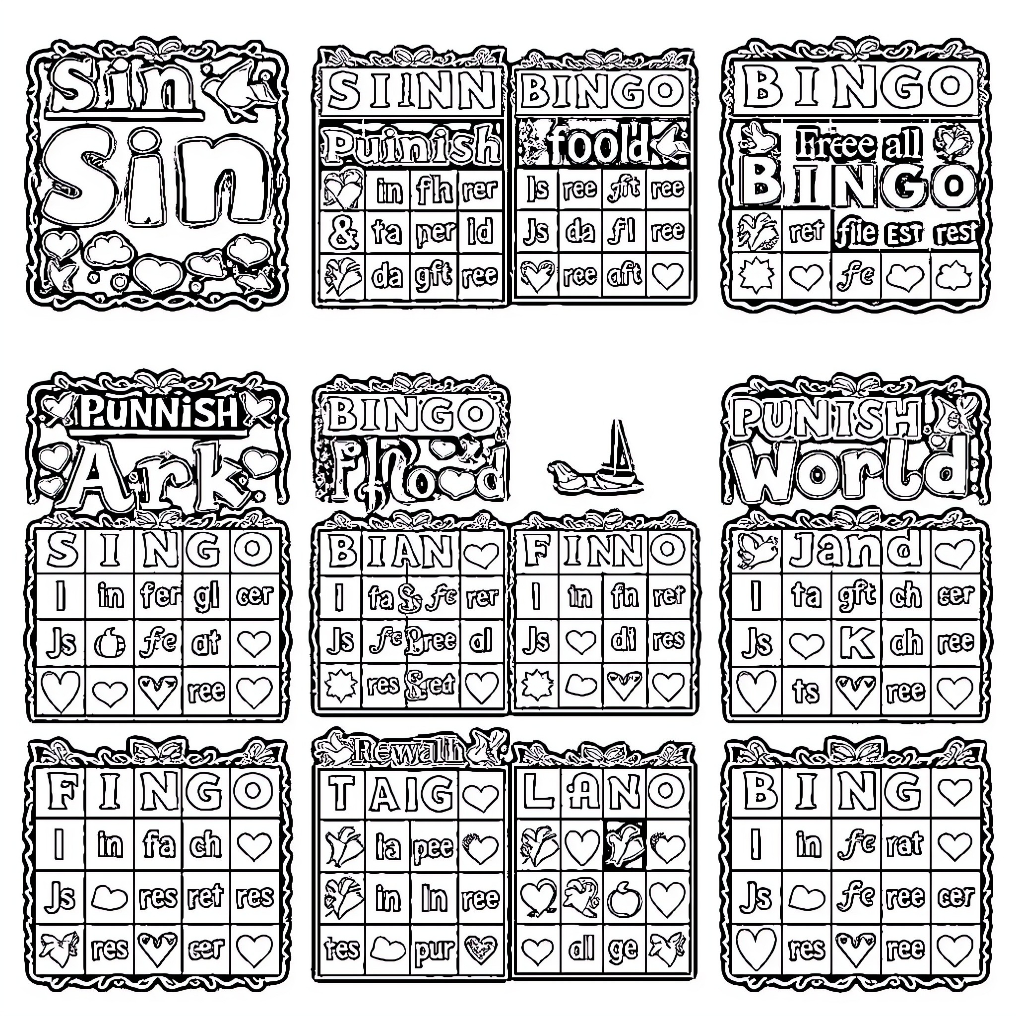 Bingo cards featuring punishing and sinful themes Coloring Page (free black-and-white line drawing printable PDF for all, from beginners to advanced learners, including children, teens, adults, and seniors)