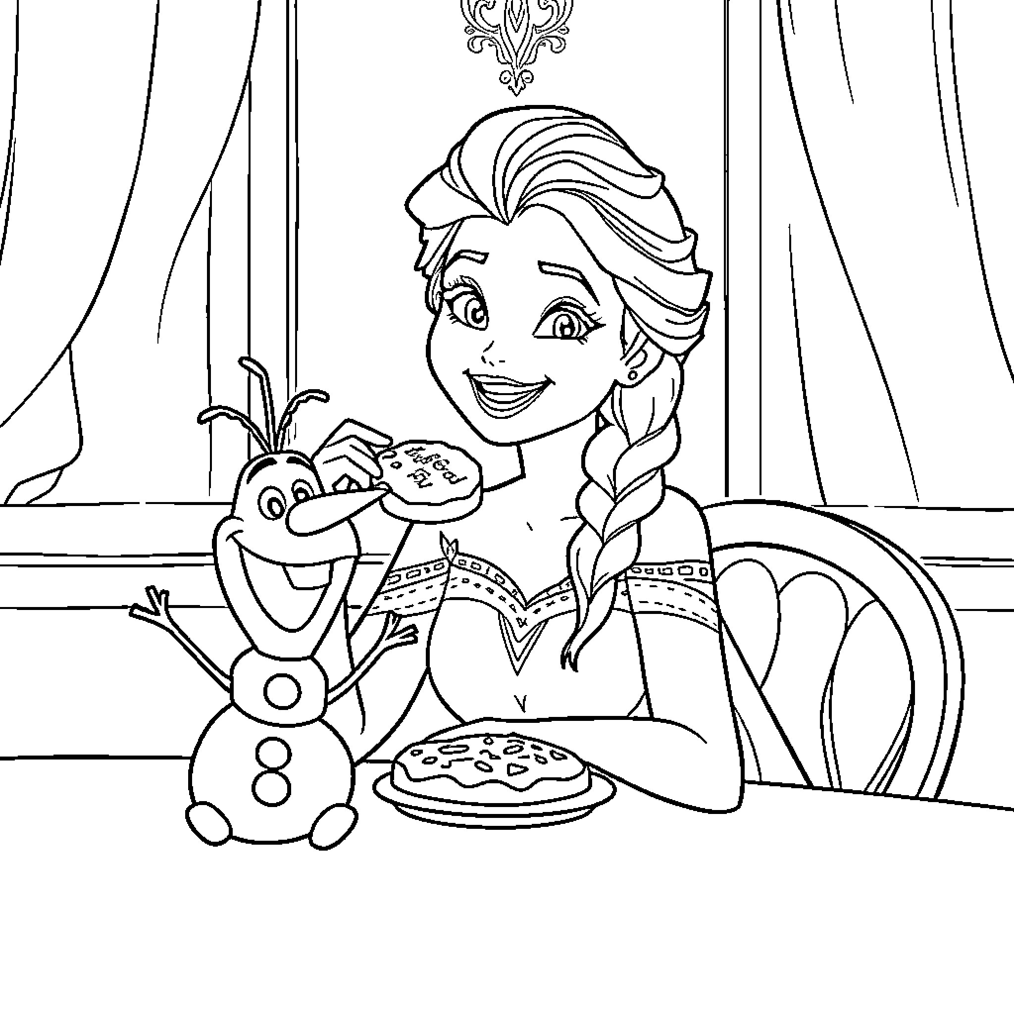 Elsa enjoying a snowy treat with Olaf Coloring Page (free black-and-white line drawing printable PDF for all, from beginners to advanced learners, including children, teens, adults, and seniors)