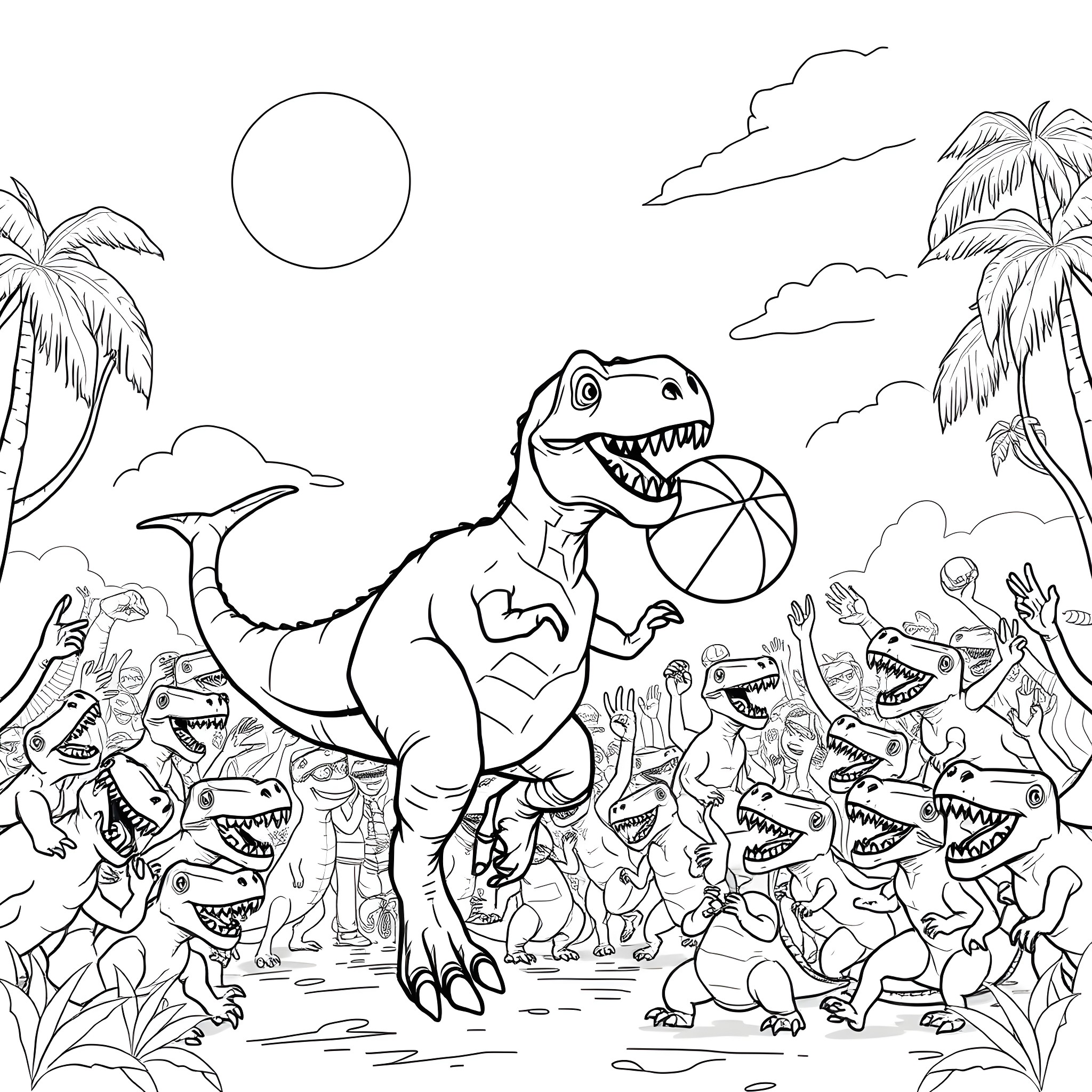 Dinosaur playing with smaller dinosaurs in a tropical scene Coloring Page (free black-and-white line drawing printable PDF for all, from beginners to advanced learners, including children, teens, adults, and seniors)