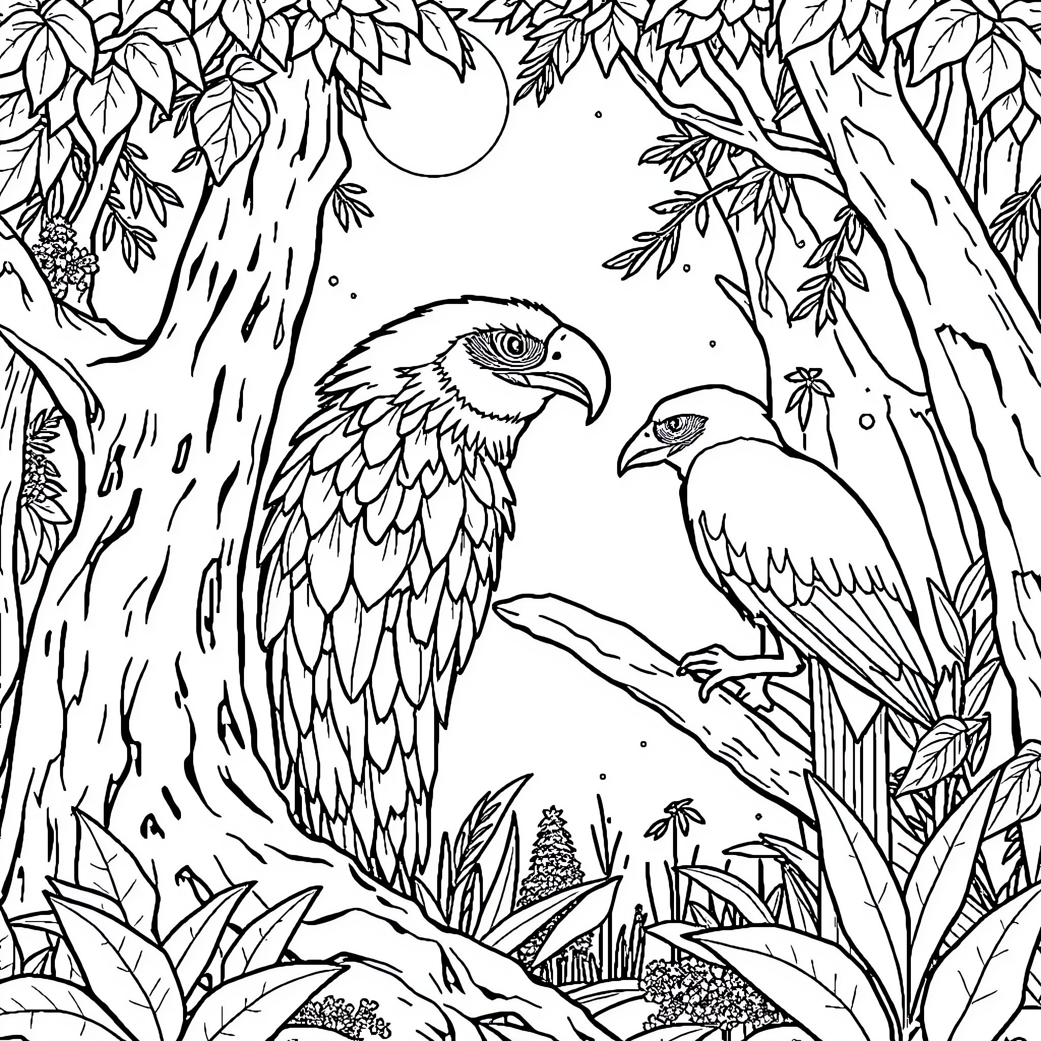 Animal pair of birds in dense foliage Coloring Page (free black-and-white line drawing printable PDF for all, from beginners to advanced learners, including children, teens, adults, and seniors)