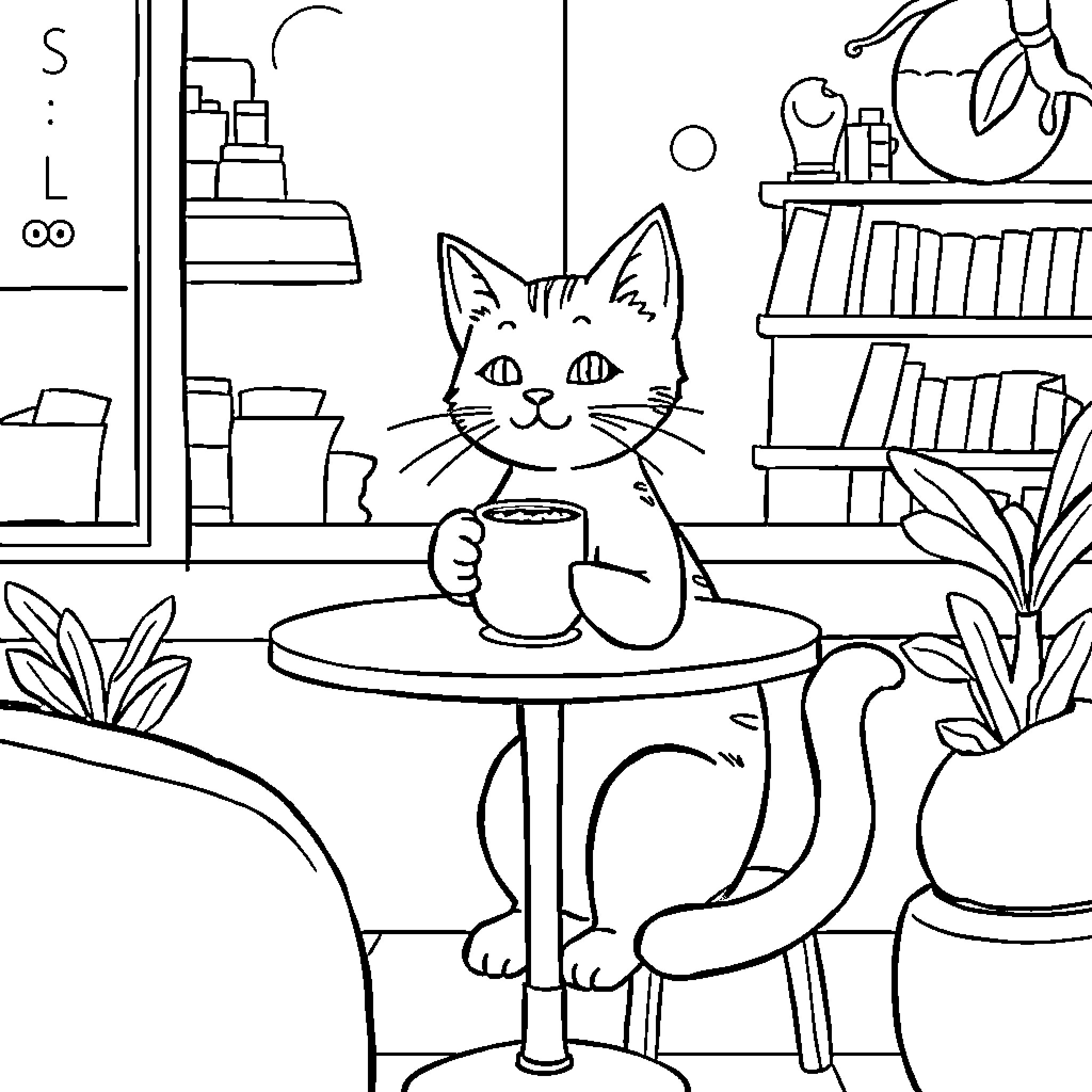 Cat enjoying a coffee break in cozy home Coloring Page (free black-and-white line drawing printable PDF for all, from beginners to advanced learners, including children, teens, adults, and seniors)