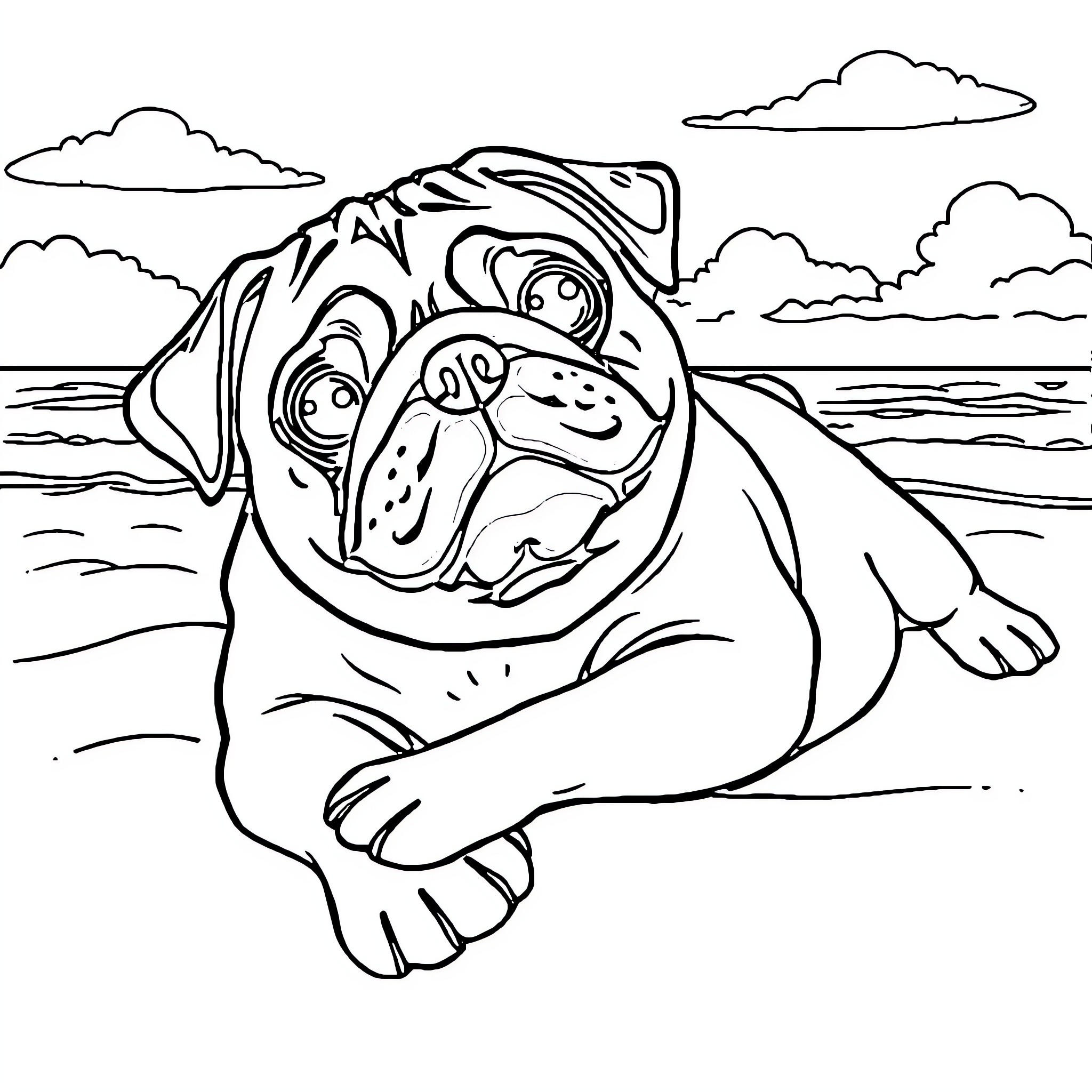 Pug enjoying a sunny day at the beach Coloring Page (free black-and-white line drawing printable PDF for all, from beginners to advanced learners, including children, teens, adults, and seniors)