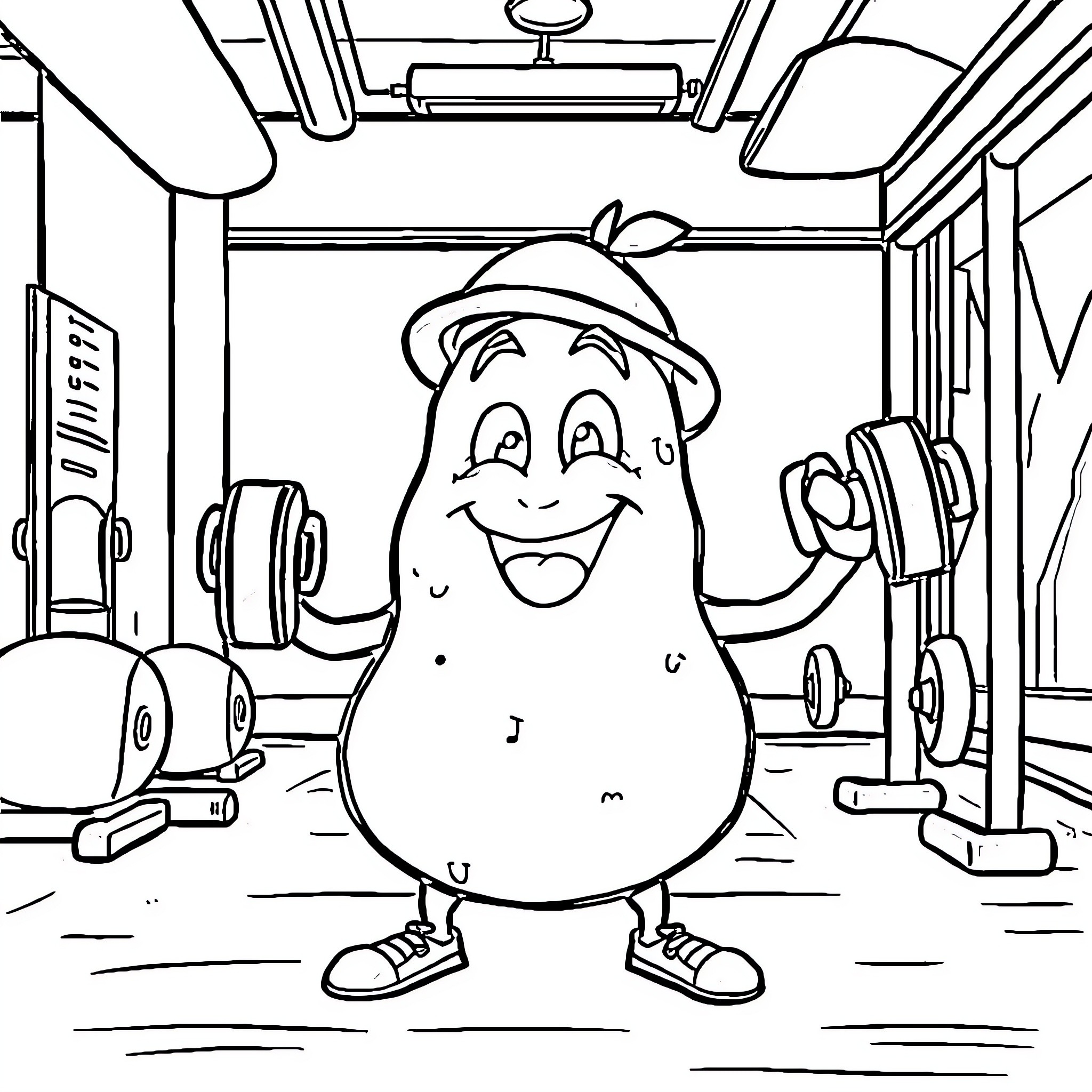Potato character enjoying at the gym Coloring Page (free black-and-white line drawing printable PDF for all, from beginners to advanced learners, including children, teens, adults, and seniors)
