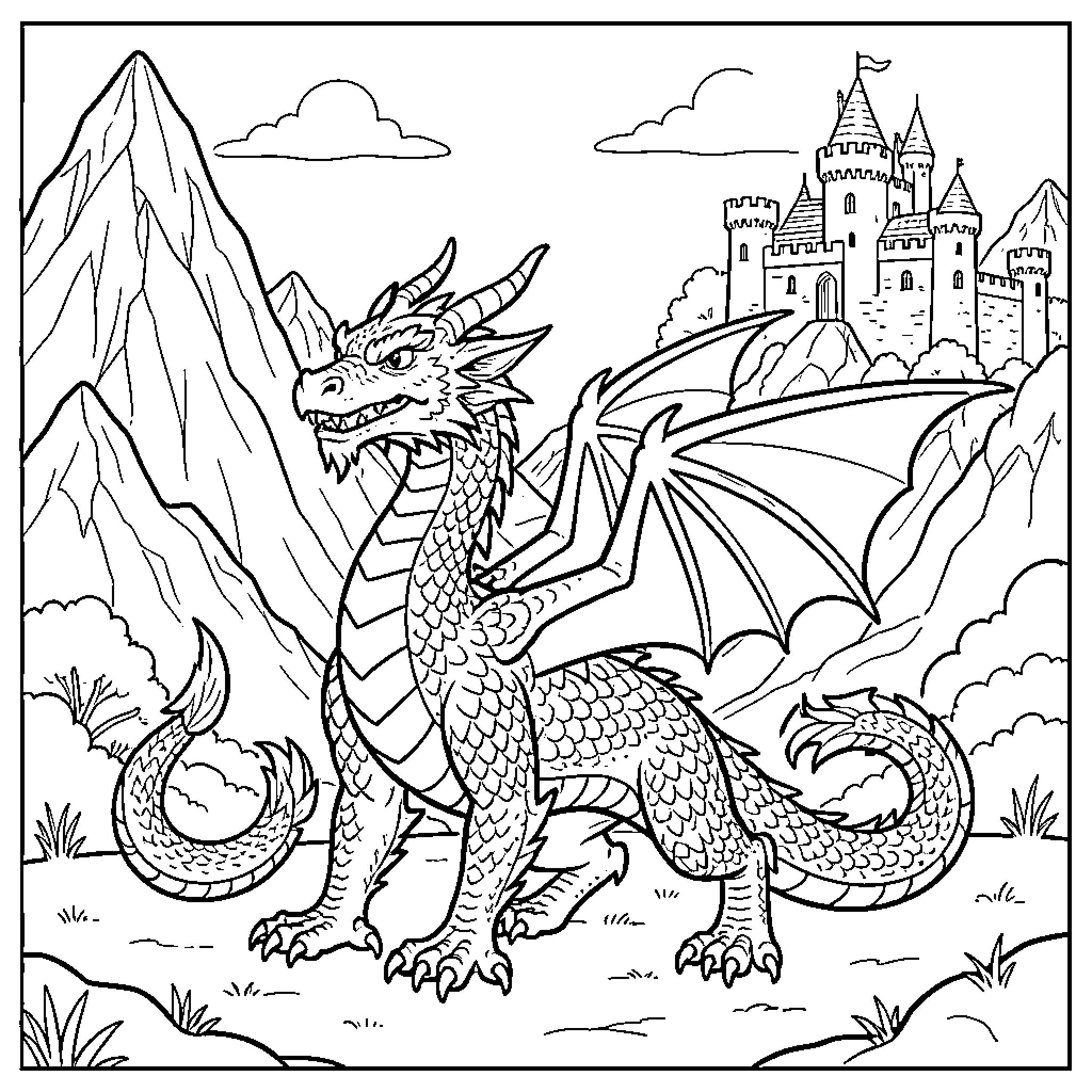 Dragon standing majestically in front of a castle Coloring Page (free black-and-white line drawing printable PDF for all, from beginners to advanced learners, including children, teens, adults, and seniors)