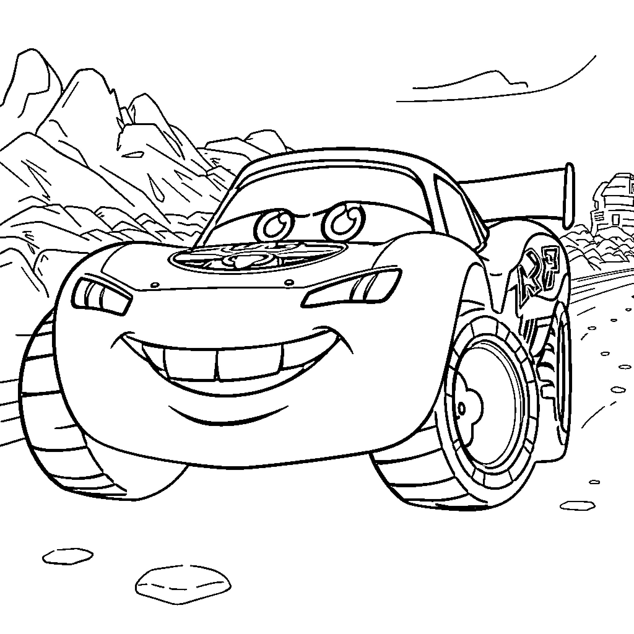 Rayo McQueen speeding through the mountains Coloring Page (free black-and-white line drawing printable PDF for all, from beginners to advanced learners, including children, teens, adults, and seniors)
