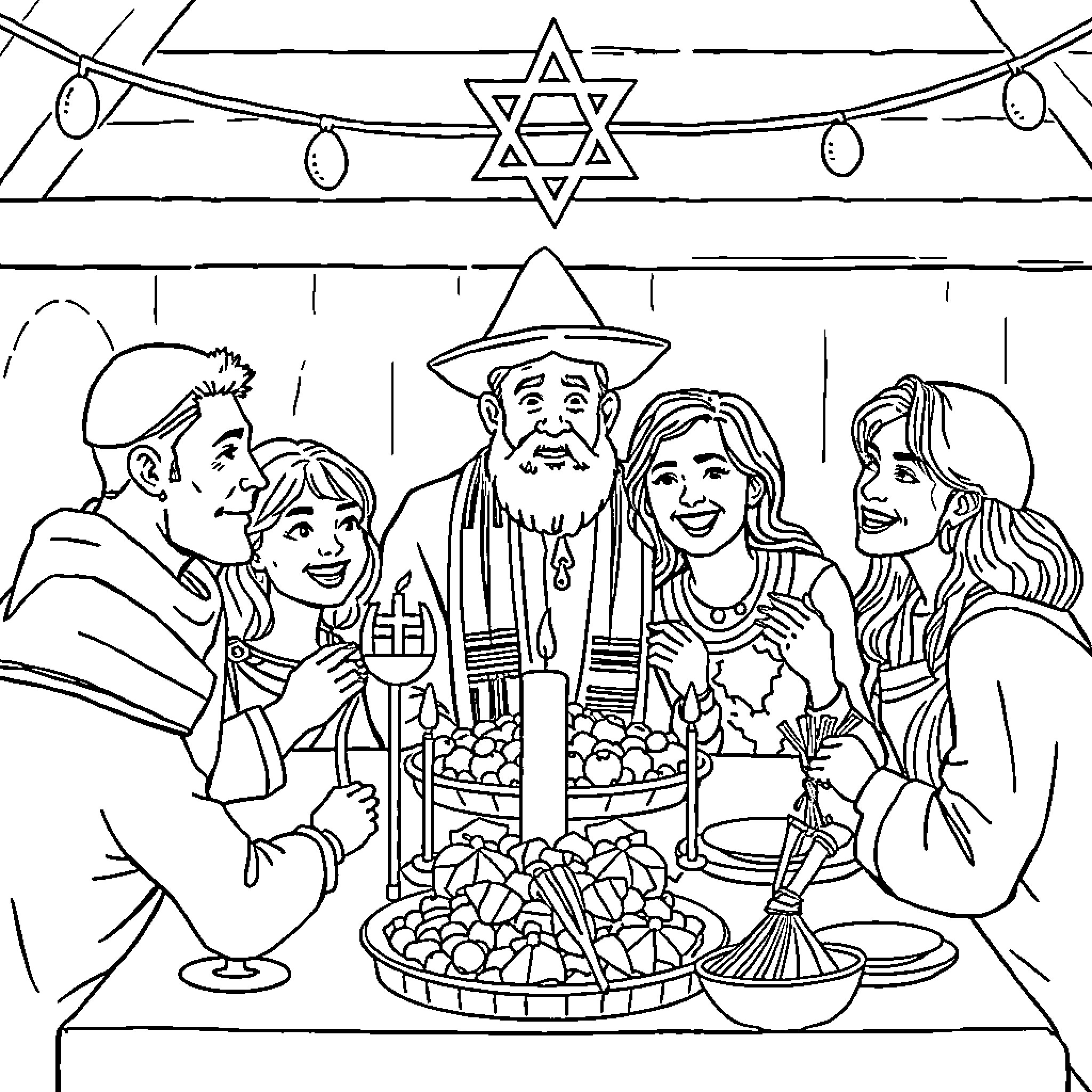 Jewish Family Celebrating Joyous Traditions Coloring Page (free black-and-white line drawing printable PDF for all, from beginners to advanced learners, including children, teens, adults, and seniors)