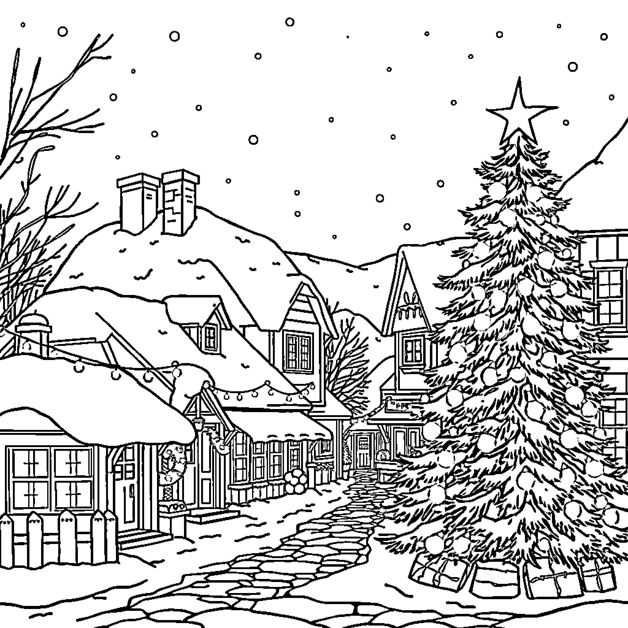Christmas in a Quaint Winter Village Coloring Page (free black-and-white line drawing printable PDF for all, from beginners to advanced learners, including children, teens, adults, and seniors)