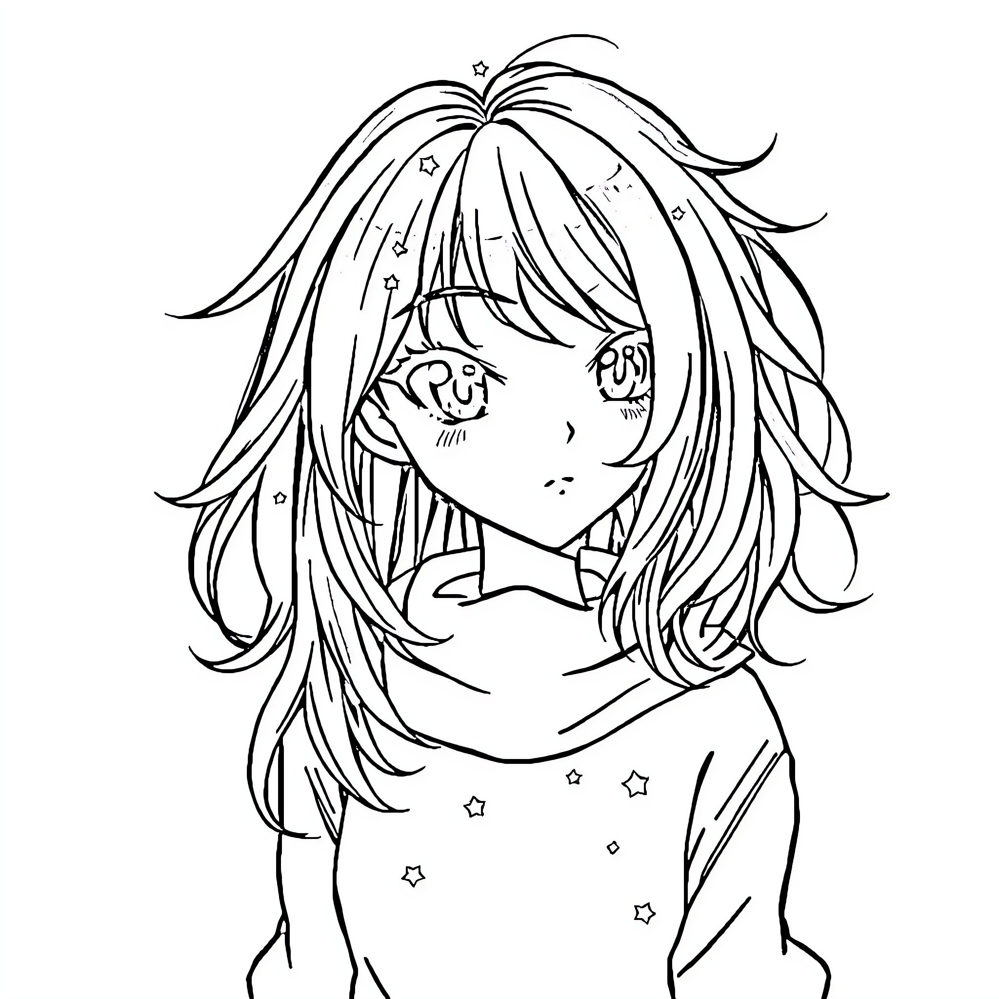 Femme anime character with flowing hair and thoughtful expression Coloring Page (free black-and-white line drawing printable PDF for all, from beginners to advanced learners, including children, teens, adults, and seniors)