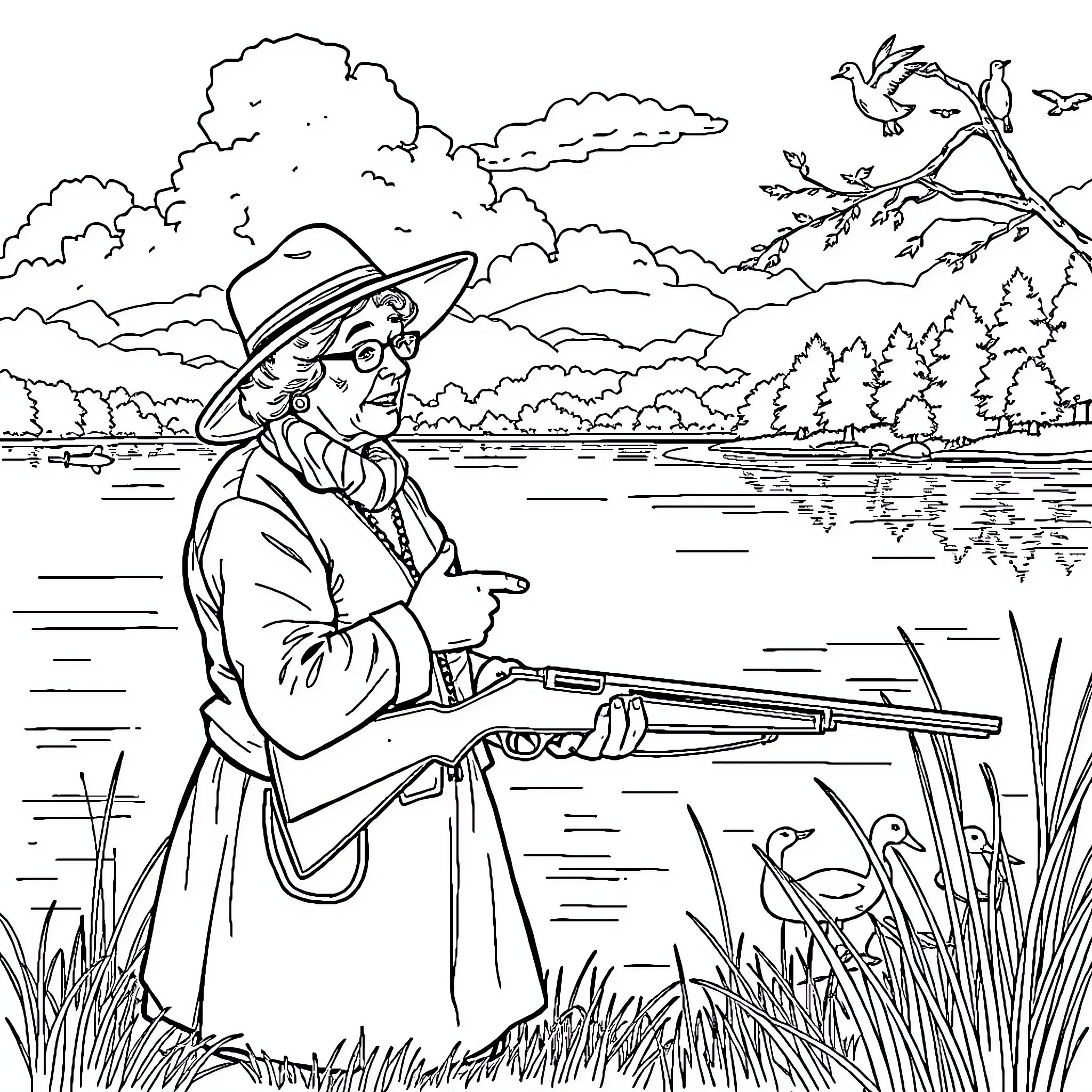 Duck hunting adventure in scenic landscape Coloring Page (free black-and-white line drawing printable PDF for all, from beginners to advanced learners, including children, teens, adults, and seniors)