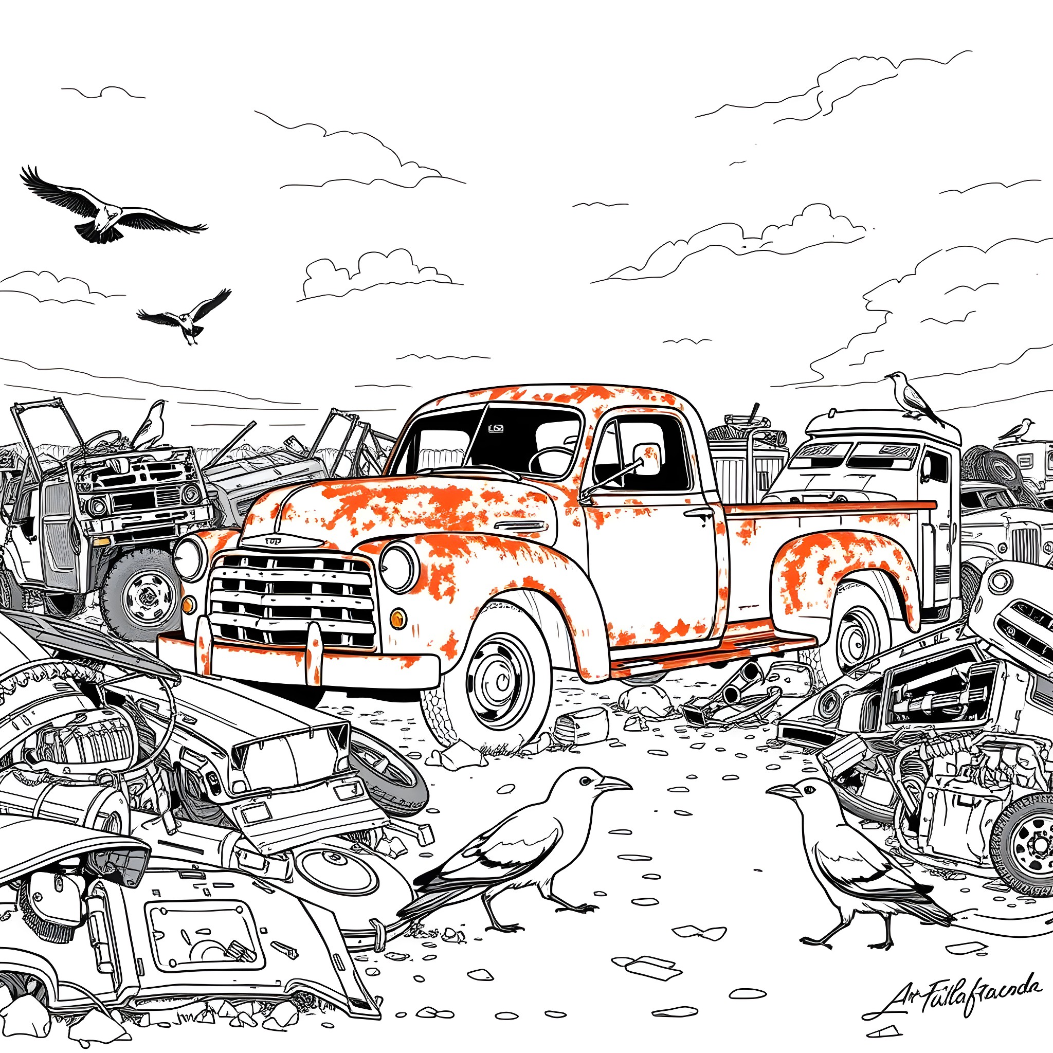 Pick Up Truck in Junkyard Surrounded by Vintage Cars Coloring Page (free black-and-white line drawing printable PDF for all, from beginners to advanced learners, including children, teens, adults, and seniors)