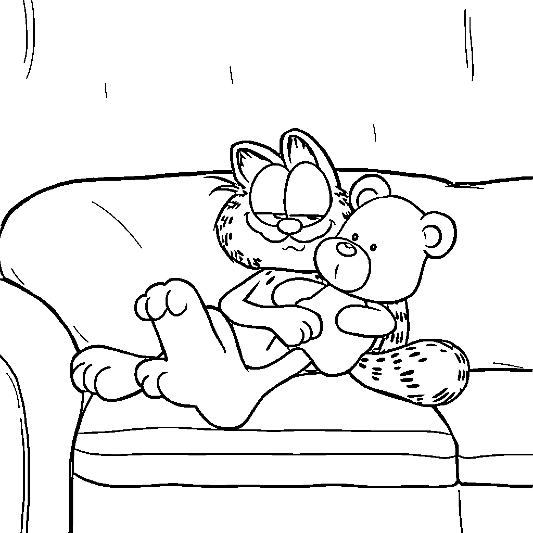 Garfield lounging comfortably with a teddy bear Coloring Page (free black-and-white line drawing printable PDF for all, from beginners to advanced learners, including children, teens, adults, and seniors)