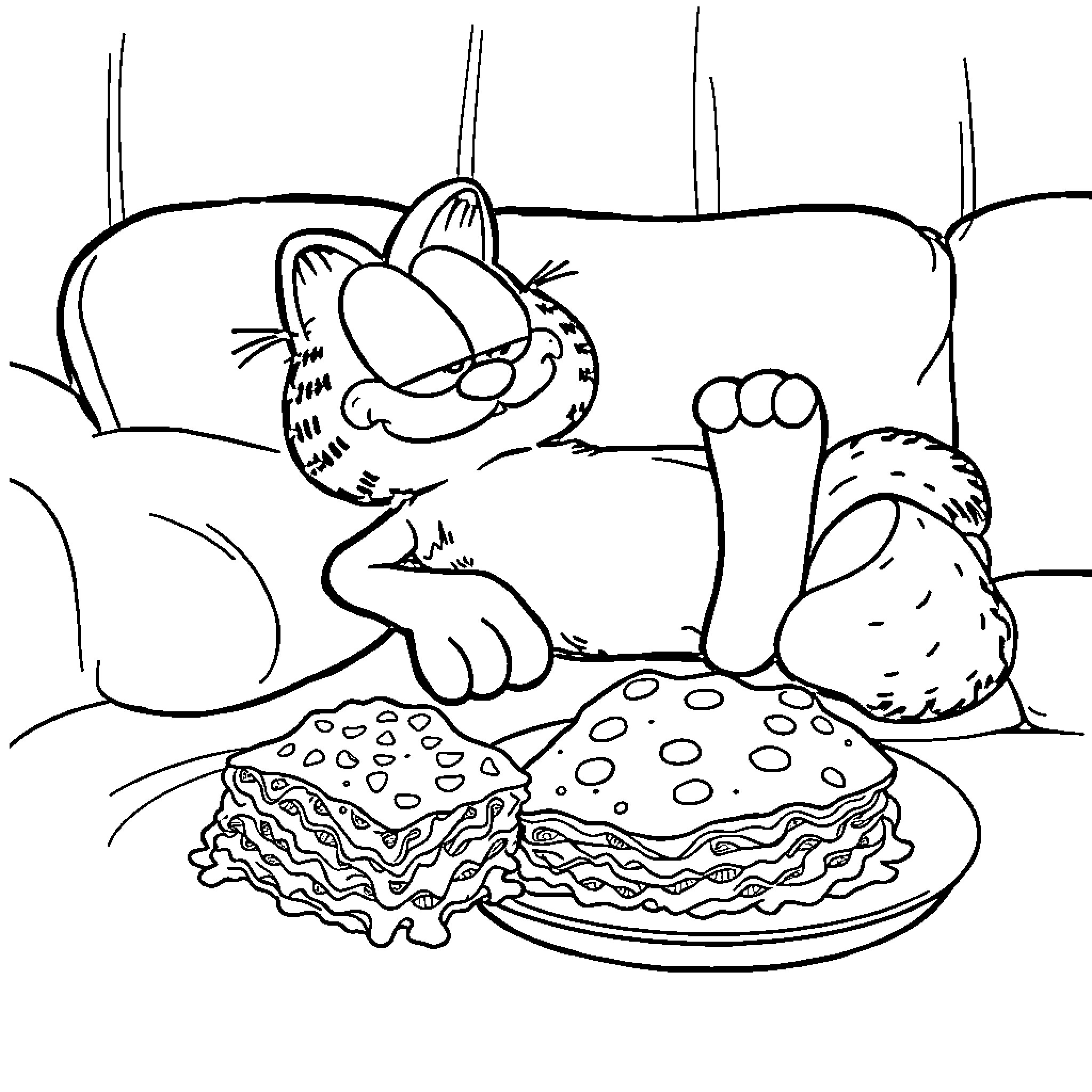 Garfield enjoying a lavish meal Coloring Page (free black-and-white line drawing printable PDF for all, from beginners to advanced learners, including children, teens, adults, and seniors)