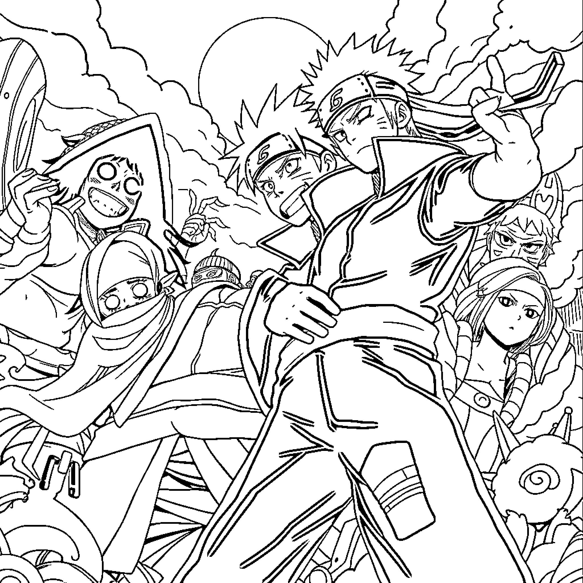 One Piece: Epic Battle Featuring Iconic Characters Coloring Page (free black-and-white line drawing printable PDF for all, from beginners to advanced learners, including children, teens, adults, and seniors)