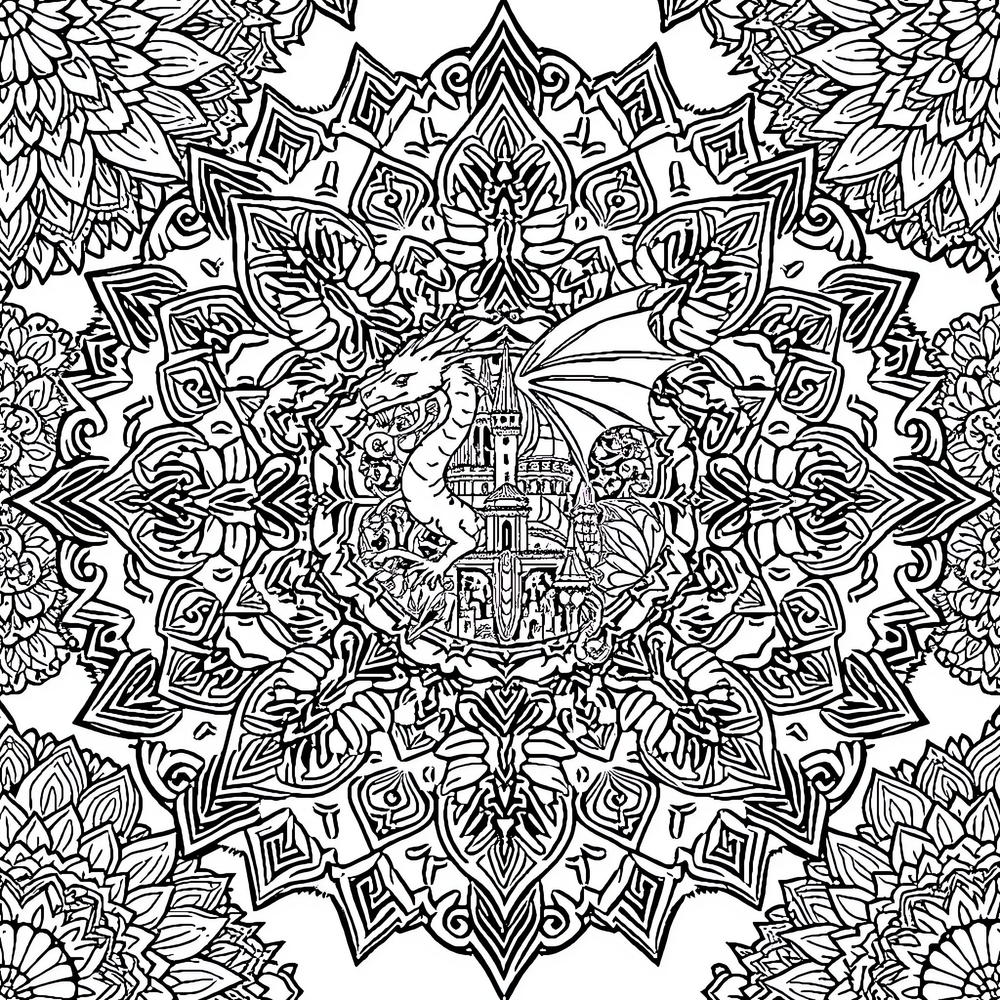 Mandalas with Intricate Designs and Patterns Coloring Page (free black-and-white line drawing printable PDF for all, from beginners to advanced learners, including children, teens, adults, and seniors)