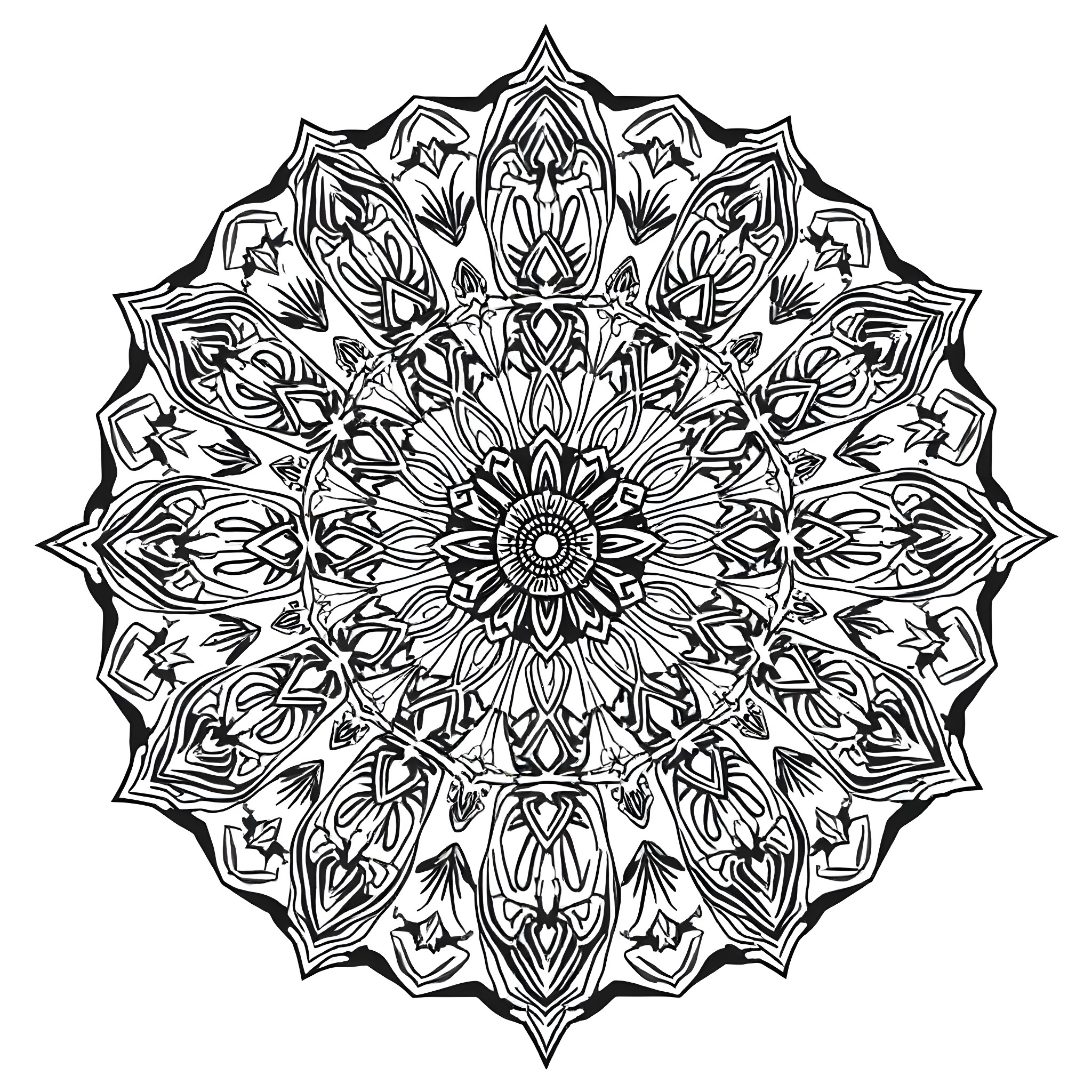 Mandala of intricate floral and geometric designs Coloring Page (free black-and-white line drawing printable PDF for all, from beginners to advanced learners, including children, teens, adults, and seniors)