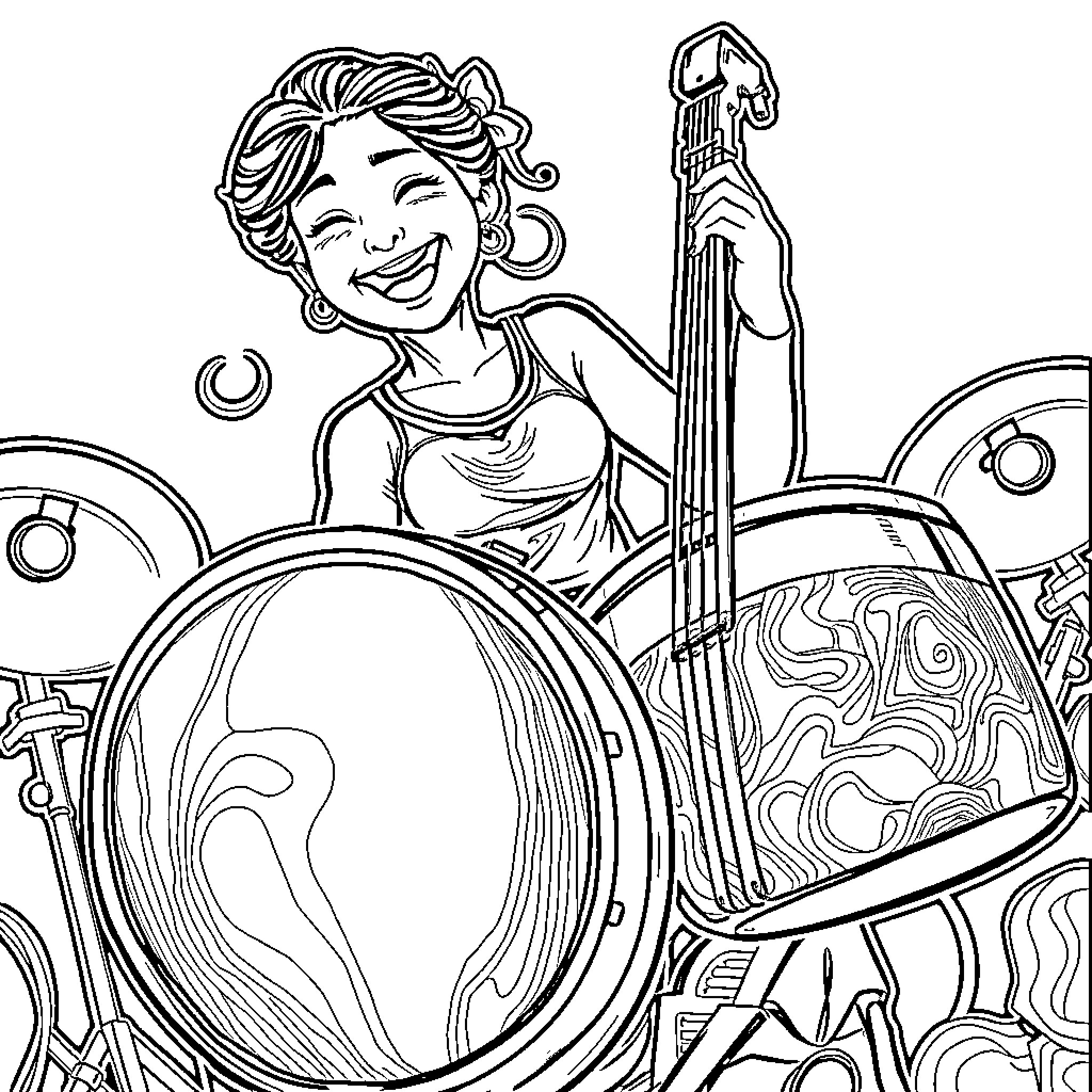 Woman playing musical instrument in abstract environment Coloring Page (free black-and-white line drawing printable PDF for all, from beginners to advanced learners, including children, teens, adults, and seniors)