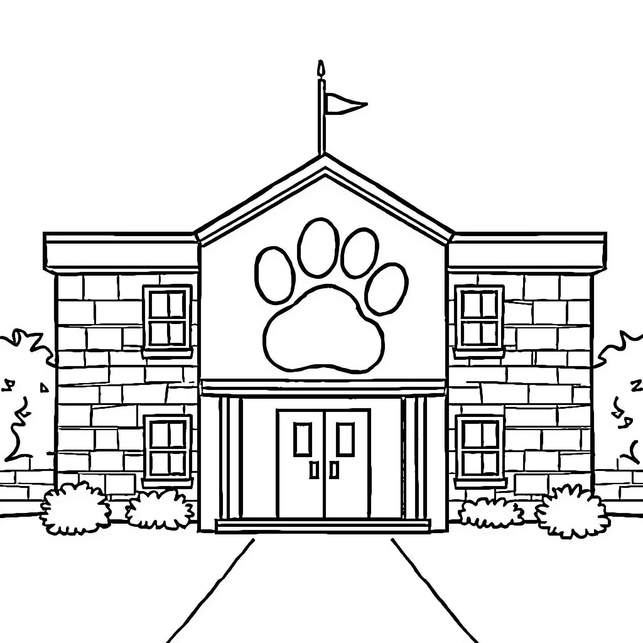 School Building with Paw Print Design Coloring Page (free black-and-white line drawing printable PDF for all, from beginners to advanced learners, including children, teens, adults, and seniors)