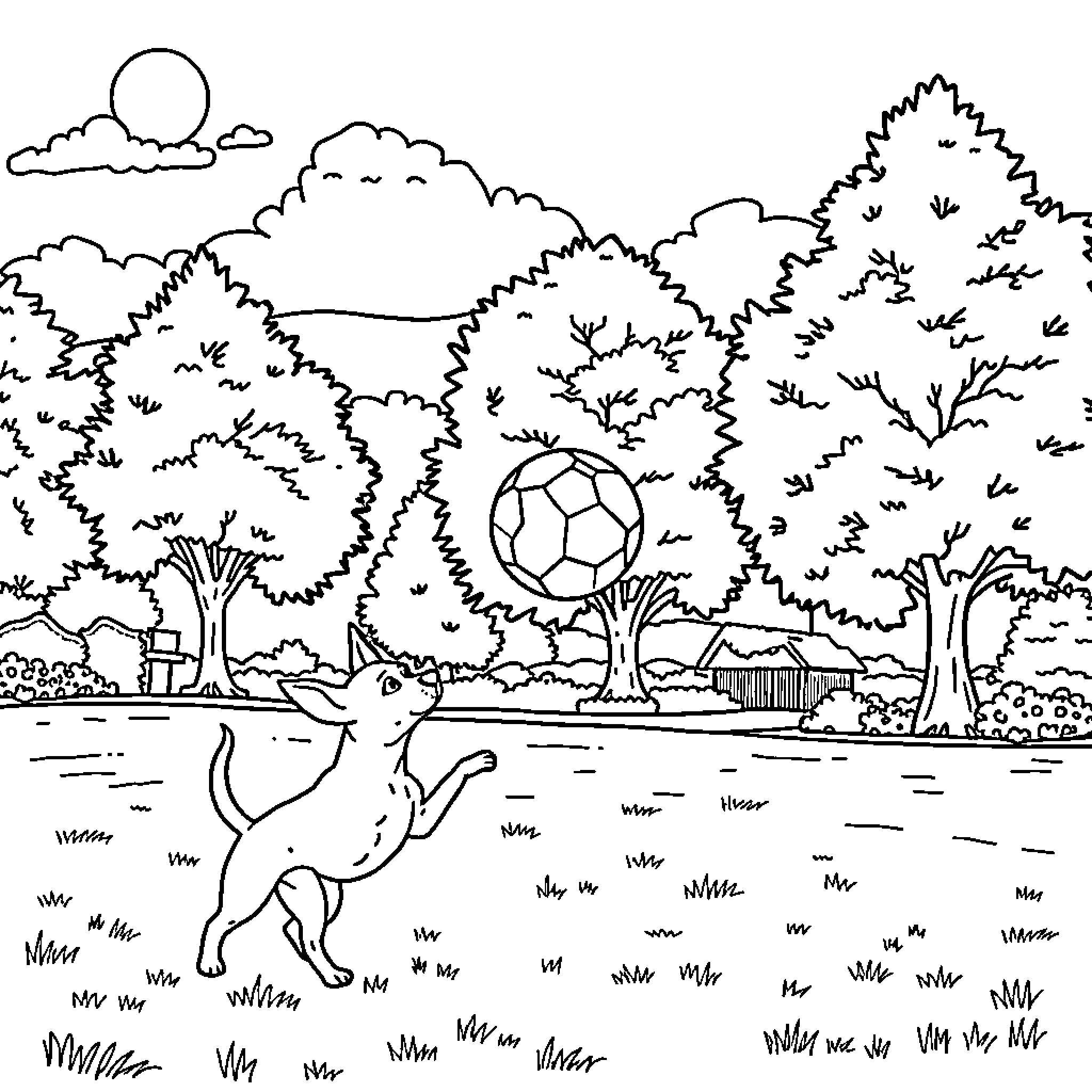 Dog playing joyfully with soccer ball in nature Coloring Page (free black-and-white line drawing printable PDF for all, from beginners to advanced learners, including children, teens, adults, and seniors)