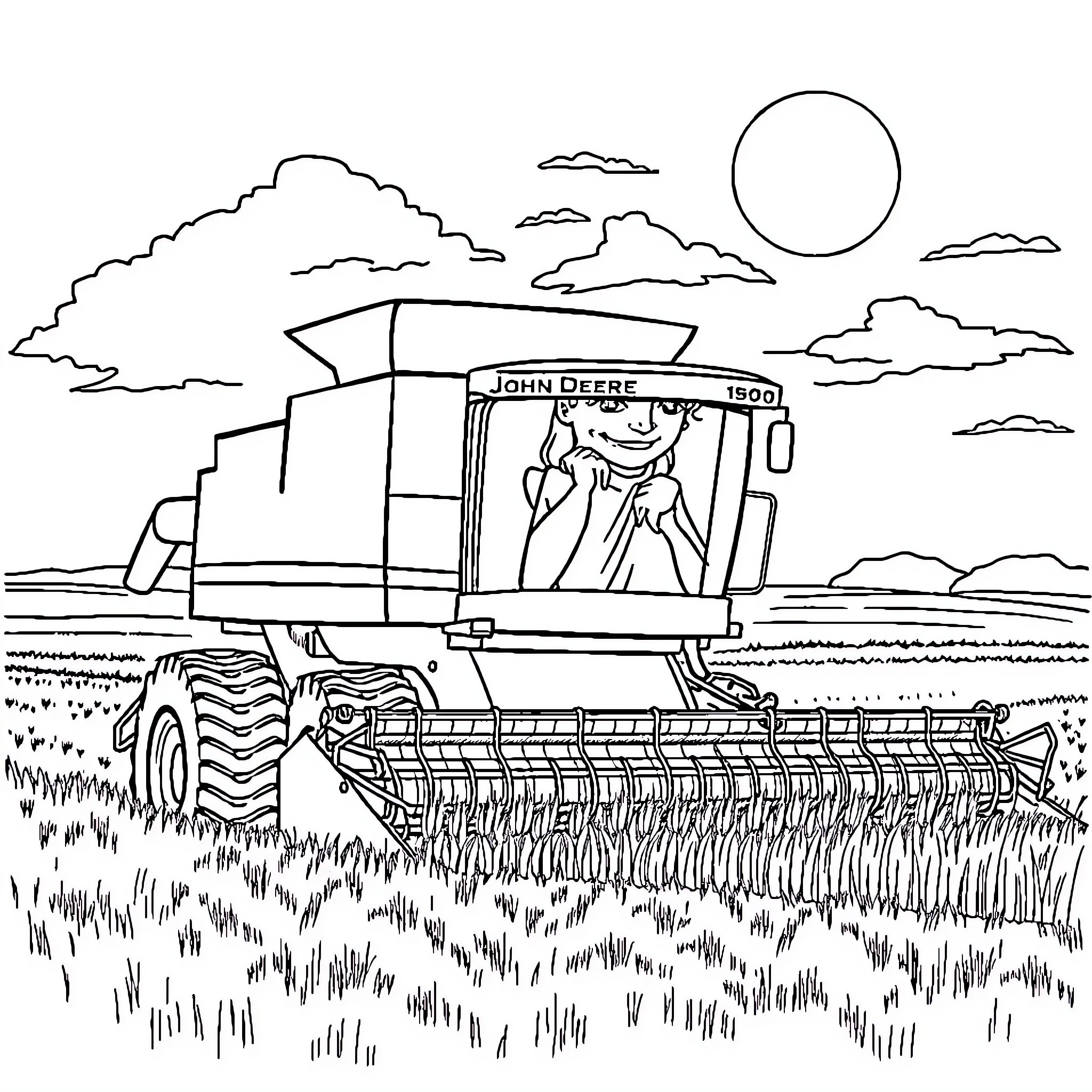Combine harvester working in the field Coloring Page (free black-and-white line drawing printable PDF for all, from beginners to advanced learners, including children, teens, adults, and seniors)