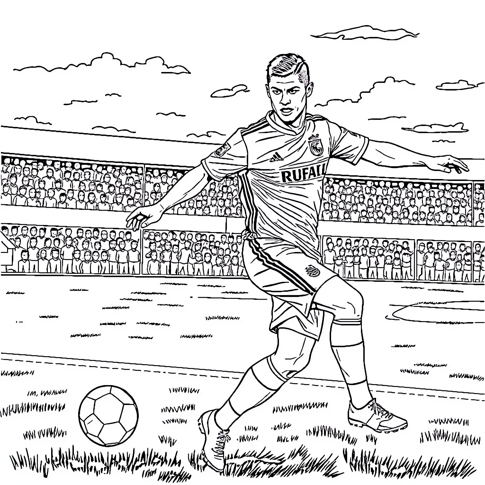 Cristiano Ronaldo playing football on the field Coloring Page (free black-and-white line drawing printable PDF for all, from beginners to advanced learners, including children, teens, adults, and seniors)
