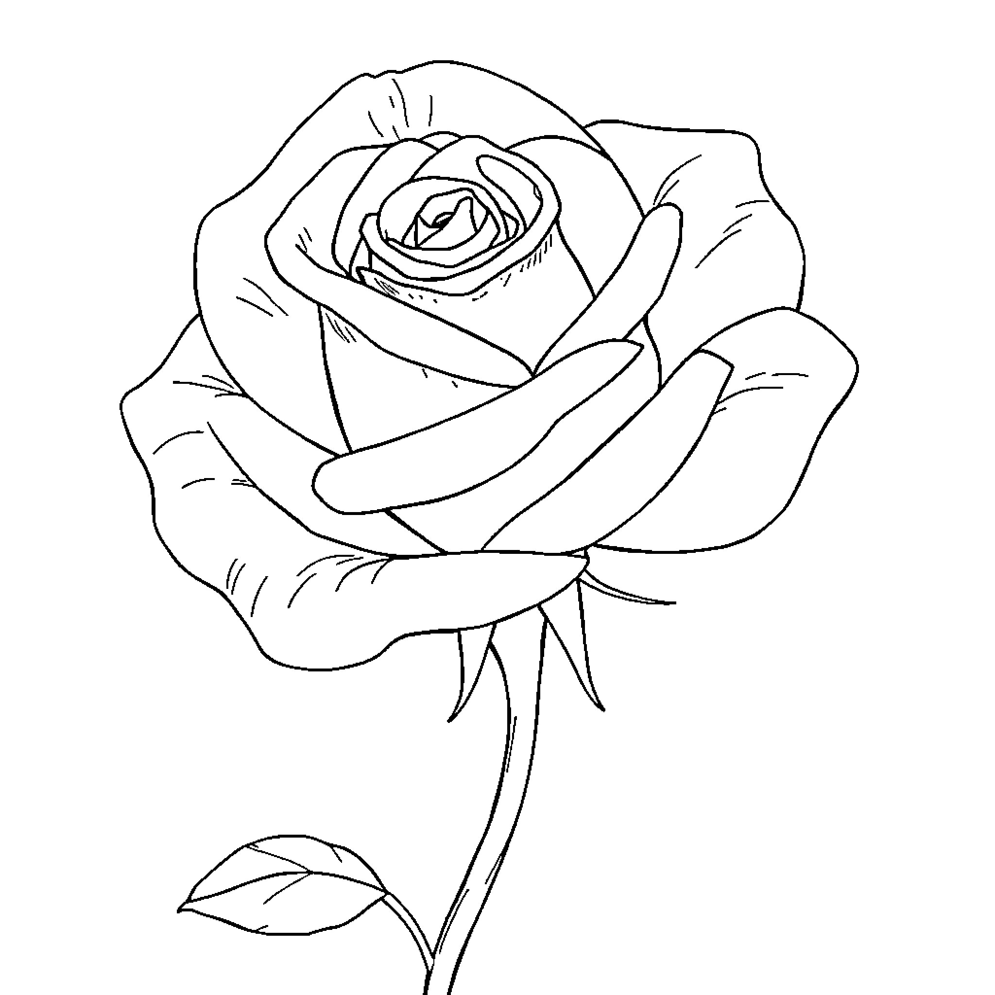 Rose blooming with delicate petals Coloring Page (free black-and-white line drawing printable PDF for all, from beginners to advanced learners, including children, teens, adults, and seniors)