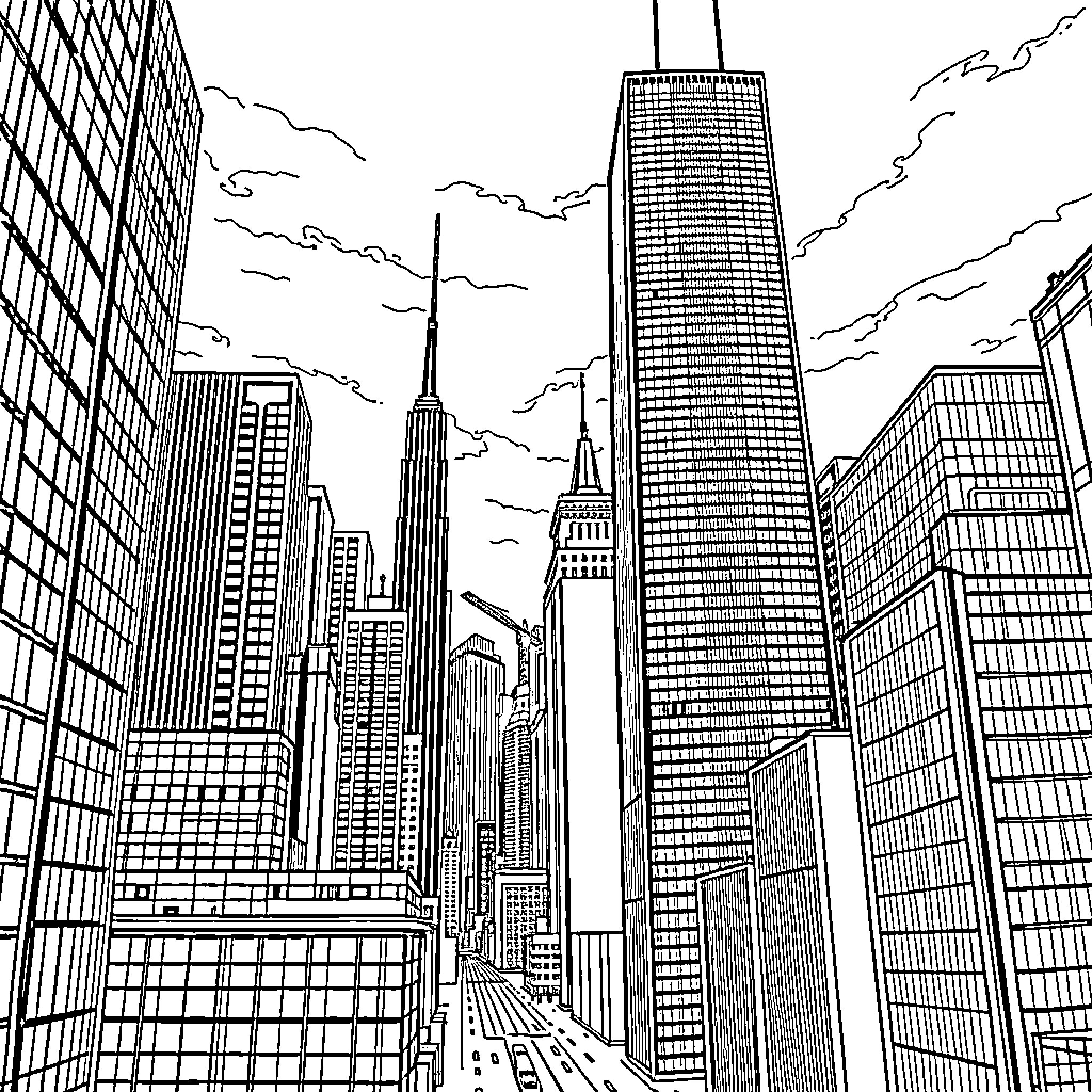 Cityscape of towering skyscrapers and buildings Coloring Page (free black-and-white line drawing printable PDF for all, from beginners to advanced learners, including children, teens, adults, and seniors)