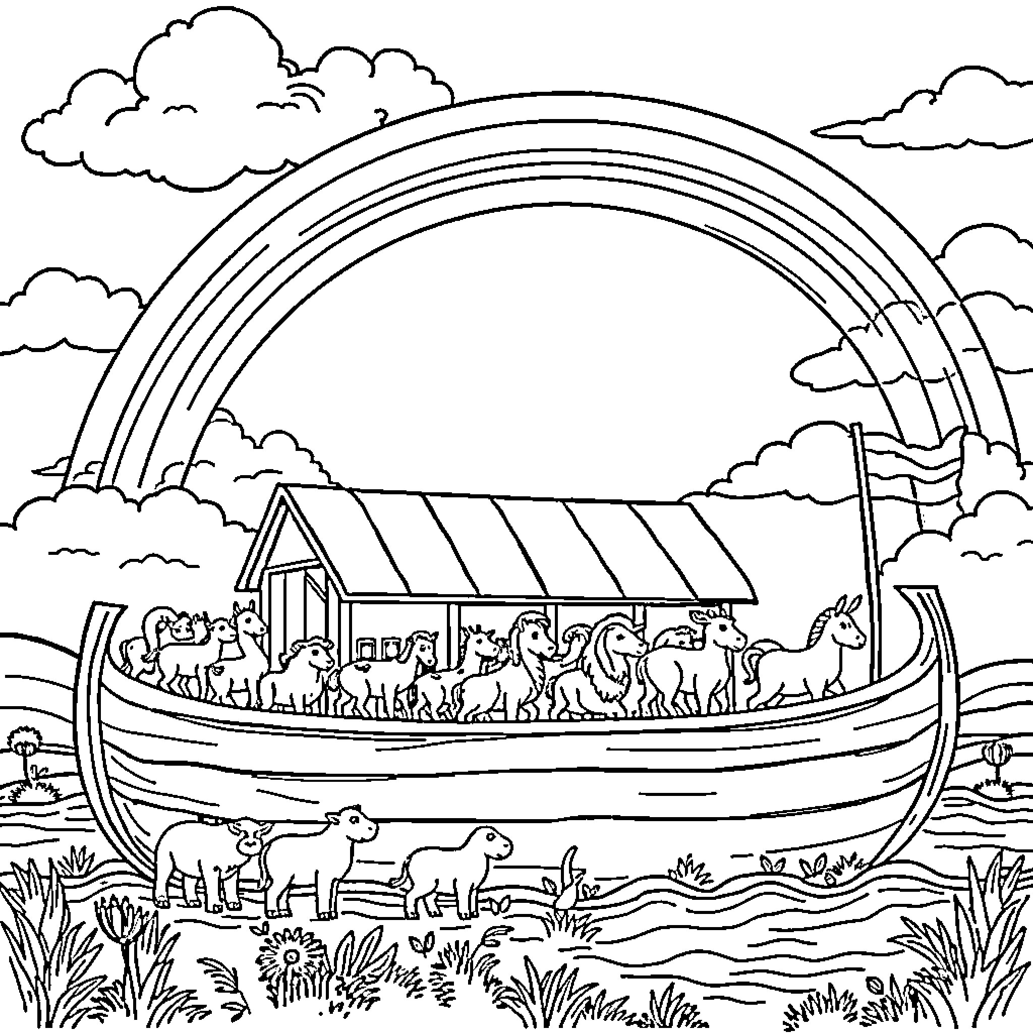 Noah's Ark with Animals and Rainbows in the Sky Coloring Page (free black-and-white line drawing printable PDF for all, from beginners to advanced learners, including children, teens, adults, and seniors)
