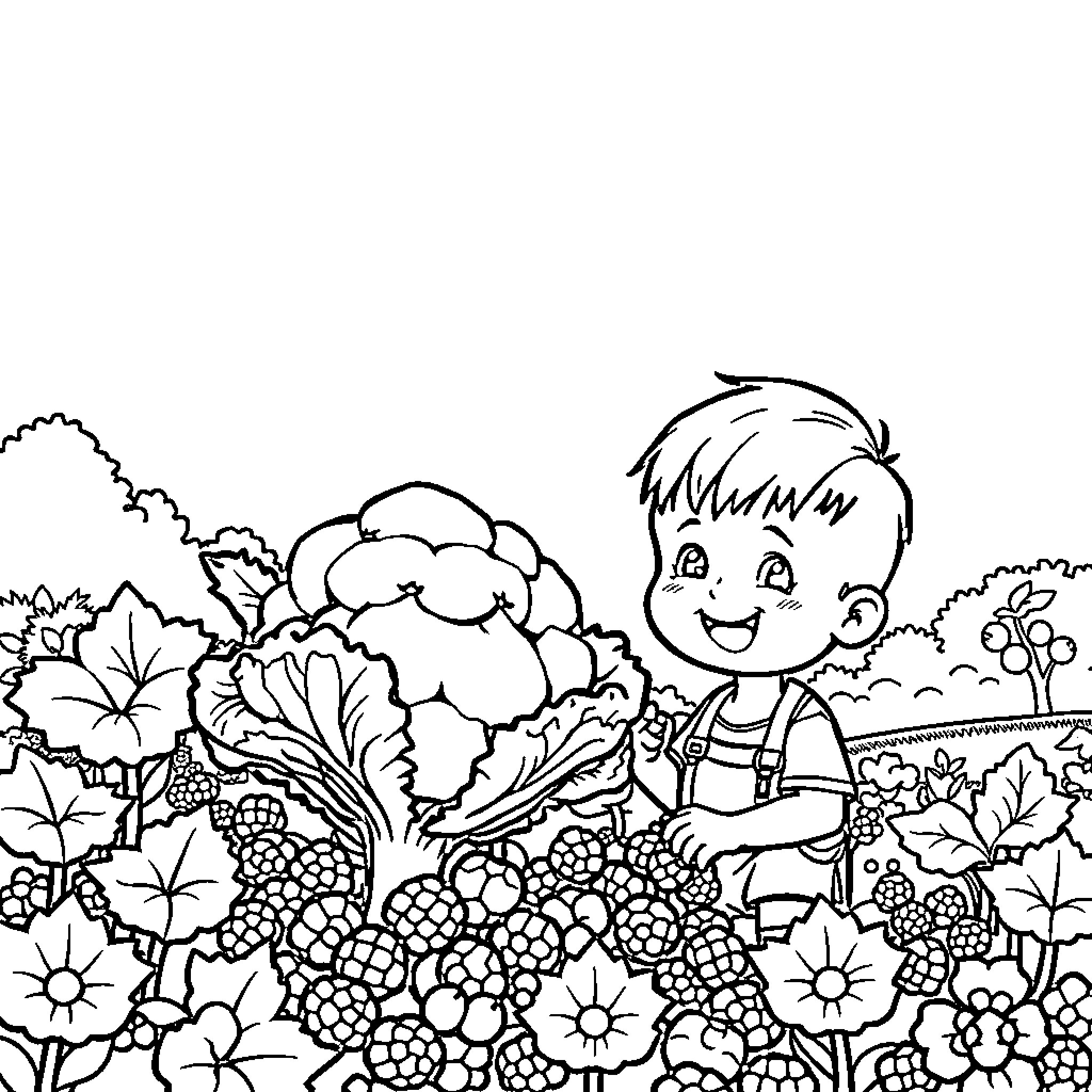 Cauliflower boy surrounded by flowers in garden Coloring Page (free black-and-white line drawing printable PDF for all, from beginners to advanced learners, including children, teens, adults, and seniors)