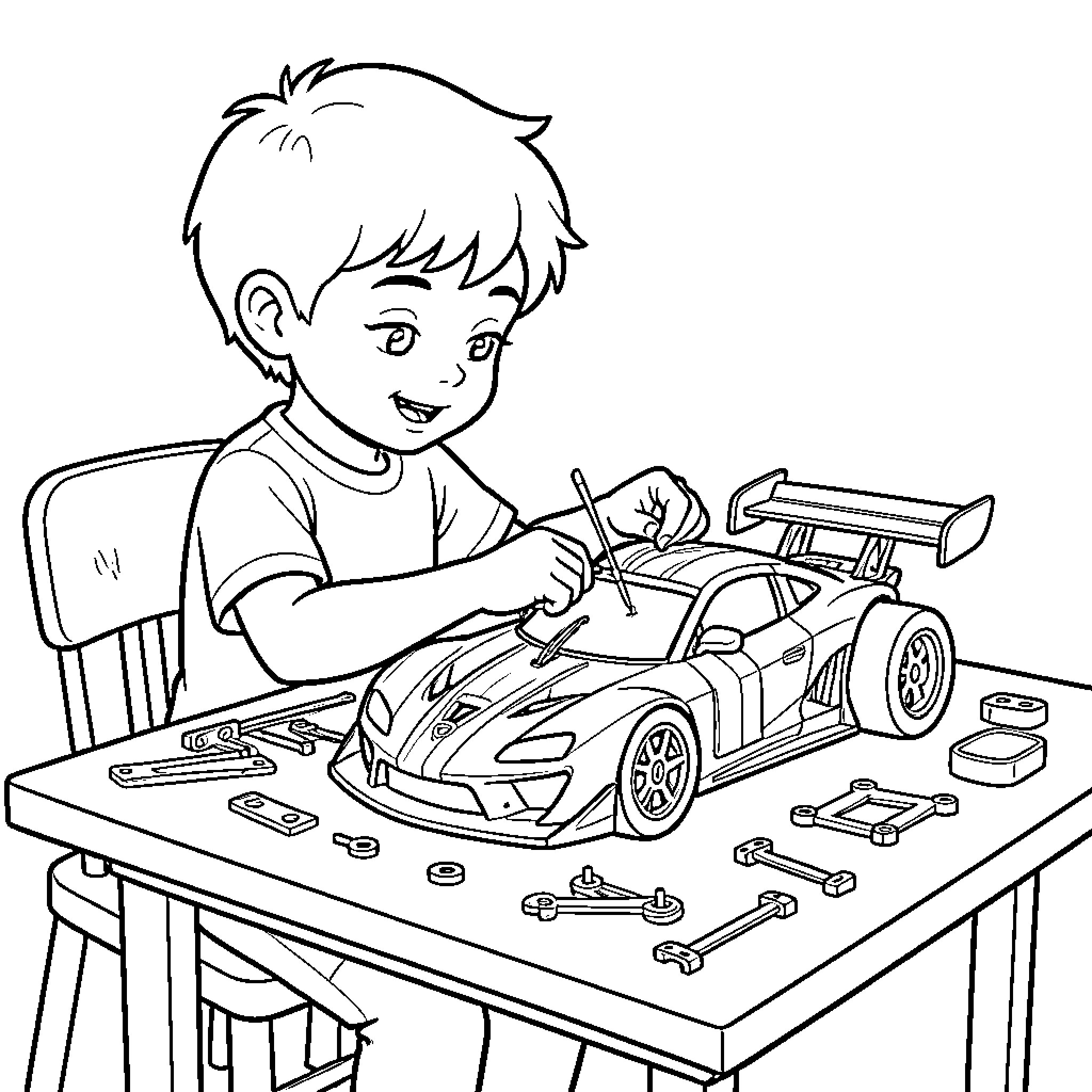 Child constructing model race car with tools Coloring Page (free black-and-white line drawing printable PDF for all, from beginners to advanced learners, including children, teens, adults, and seniors)