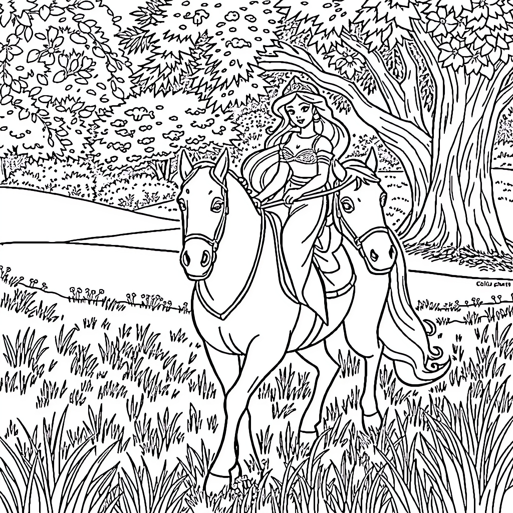 Princess riding gracefully on a majestic horse Coloring Page (free black-and-white line drawing printable PDF for all, from beginners to advanced learners, including children, teens, adults, and seniors)