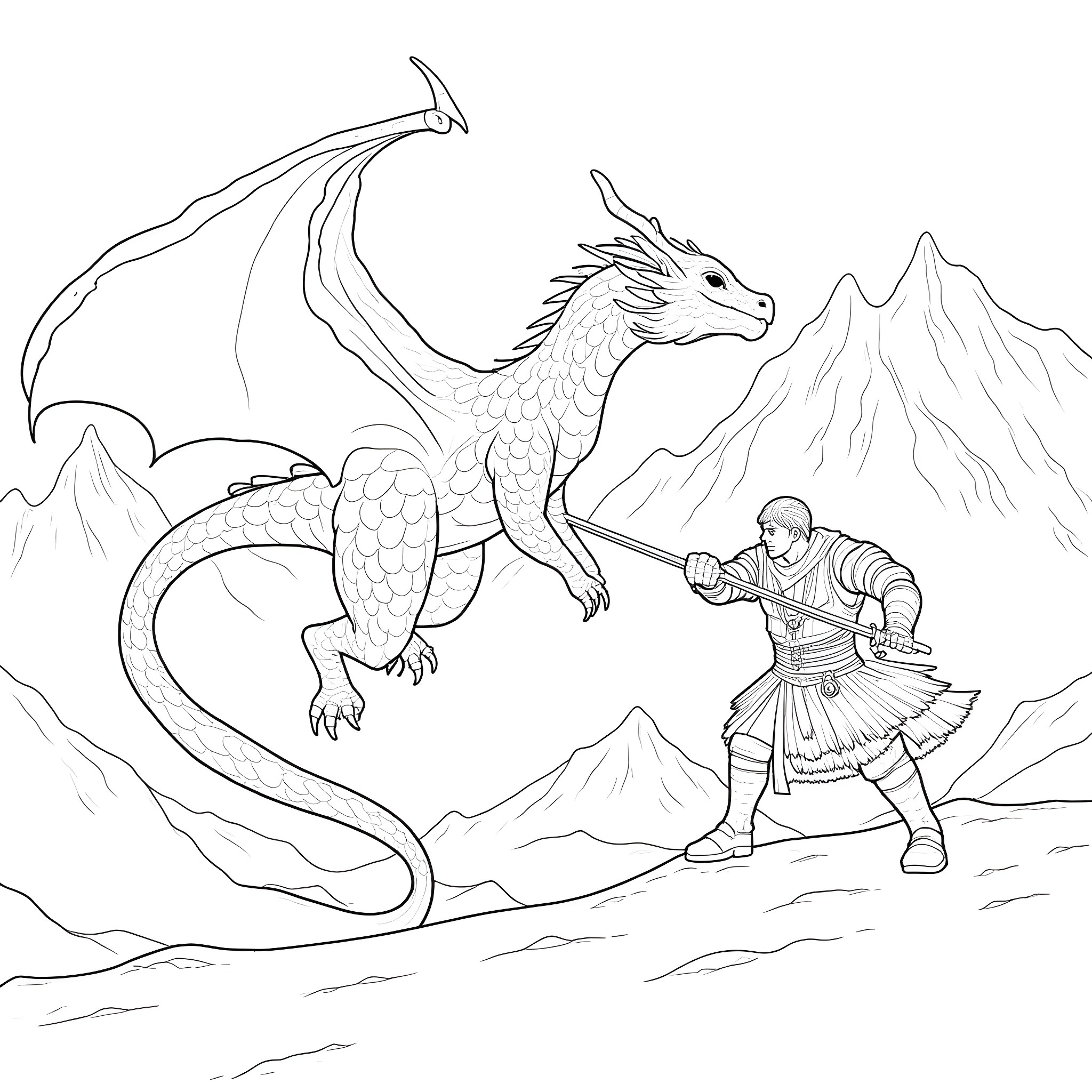 Dragonborn warrior facing a majestic dragon in the mountains Coloring Page (free black-and-white line drawing printable PDF for all, from beginners to advanced learners, including children, teens, adults, and seniors)