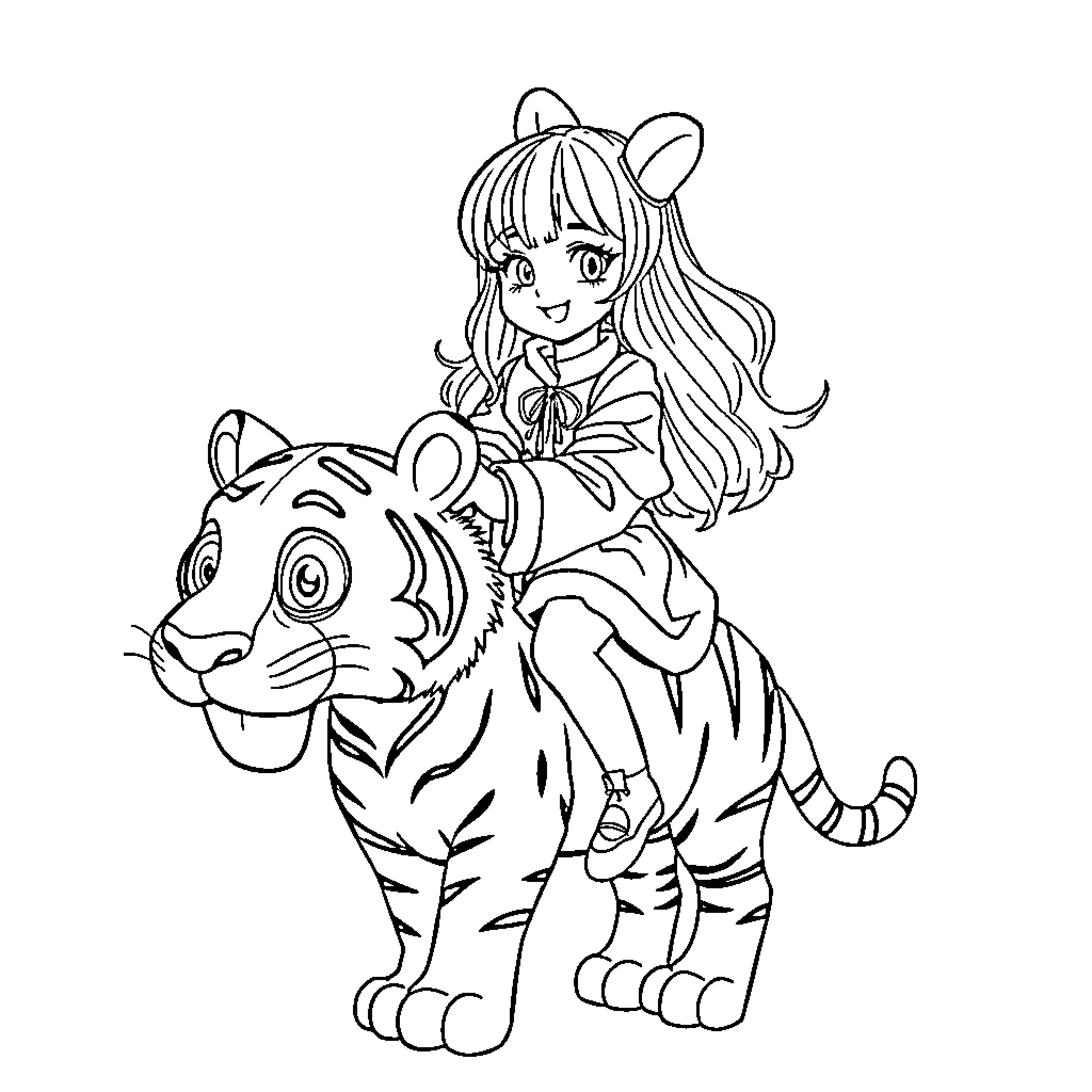 Rumi riding a vibrant tiger with joy Coloring Page (free black-and-white line drawing printable PDF for all, from beginners to advanced learners, including children, teens, adults, and seniors)